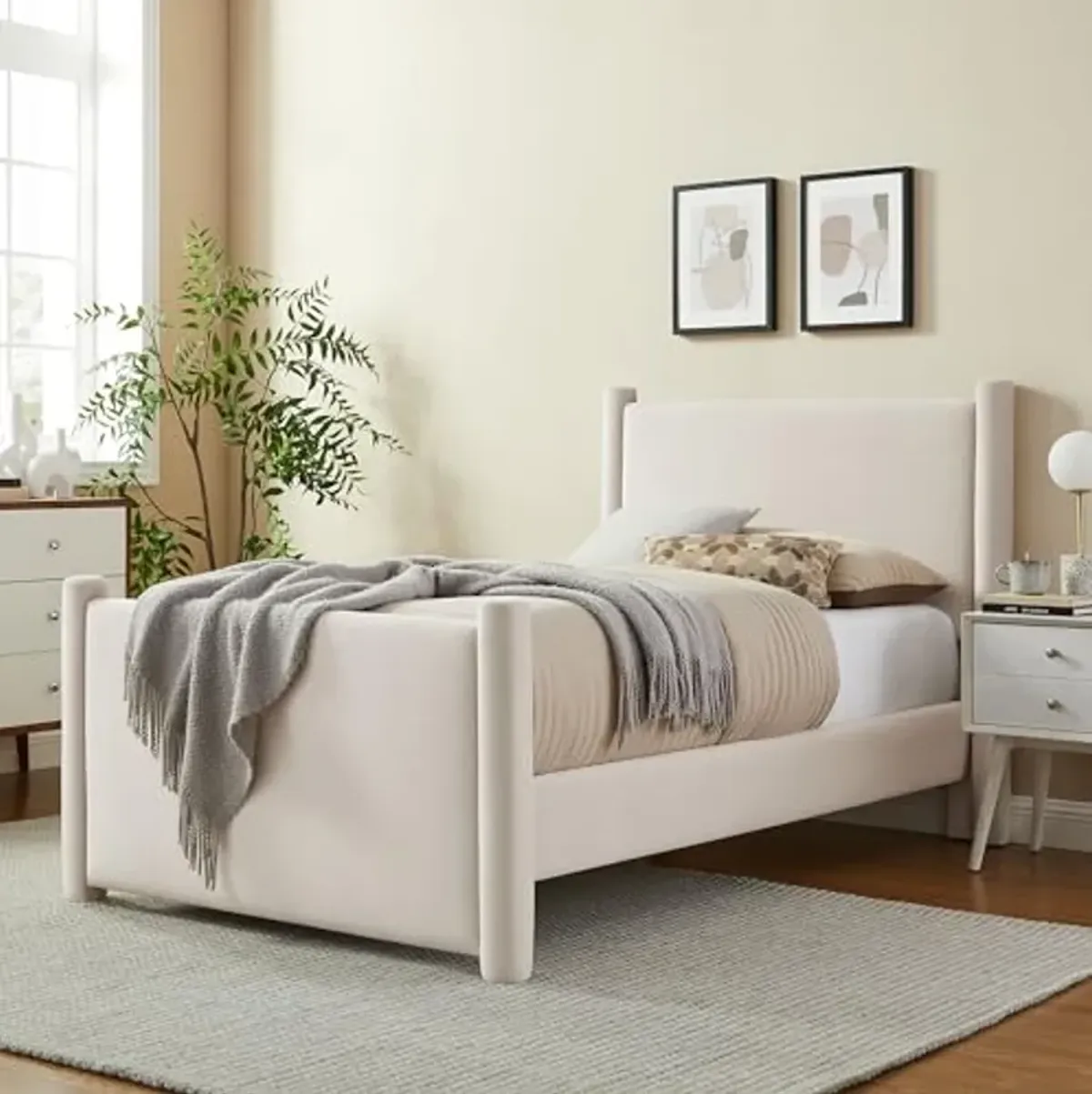 Modway Rael Twin Platform Bed Frame with Upholstered Headboard and Footboard in Alabaster