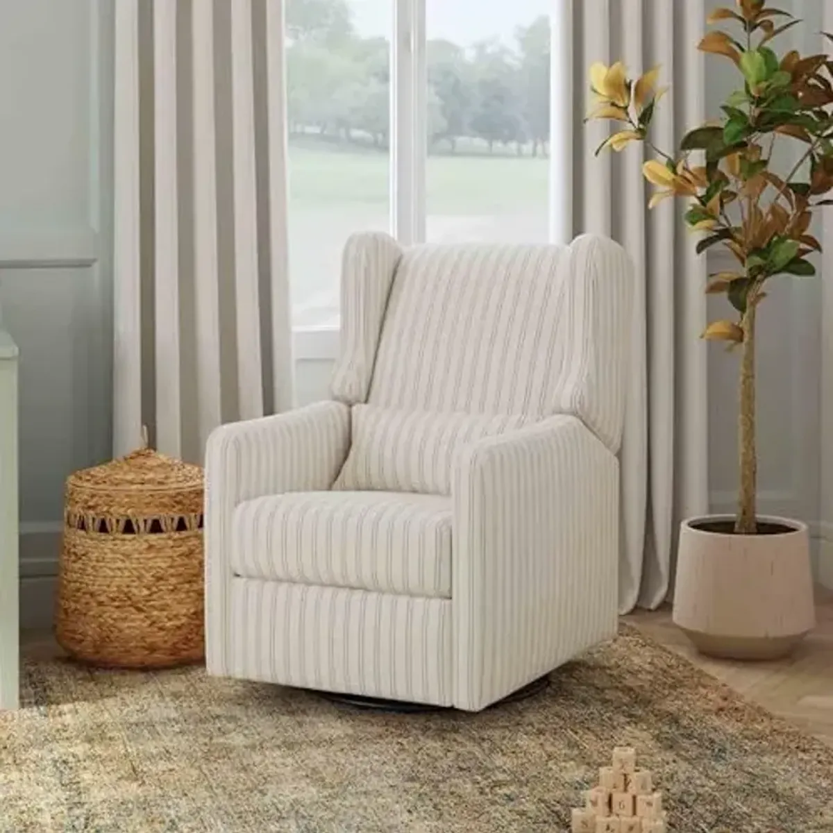 Carter's by DaVinci Arlo Recliner and Swivel Glider in Performance Charcoal Double Stripe Linen, Water Repellent, Greenguard Gold & CertiPUR-US Certified