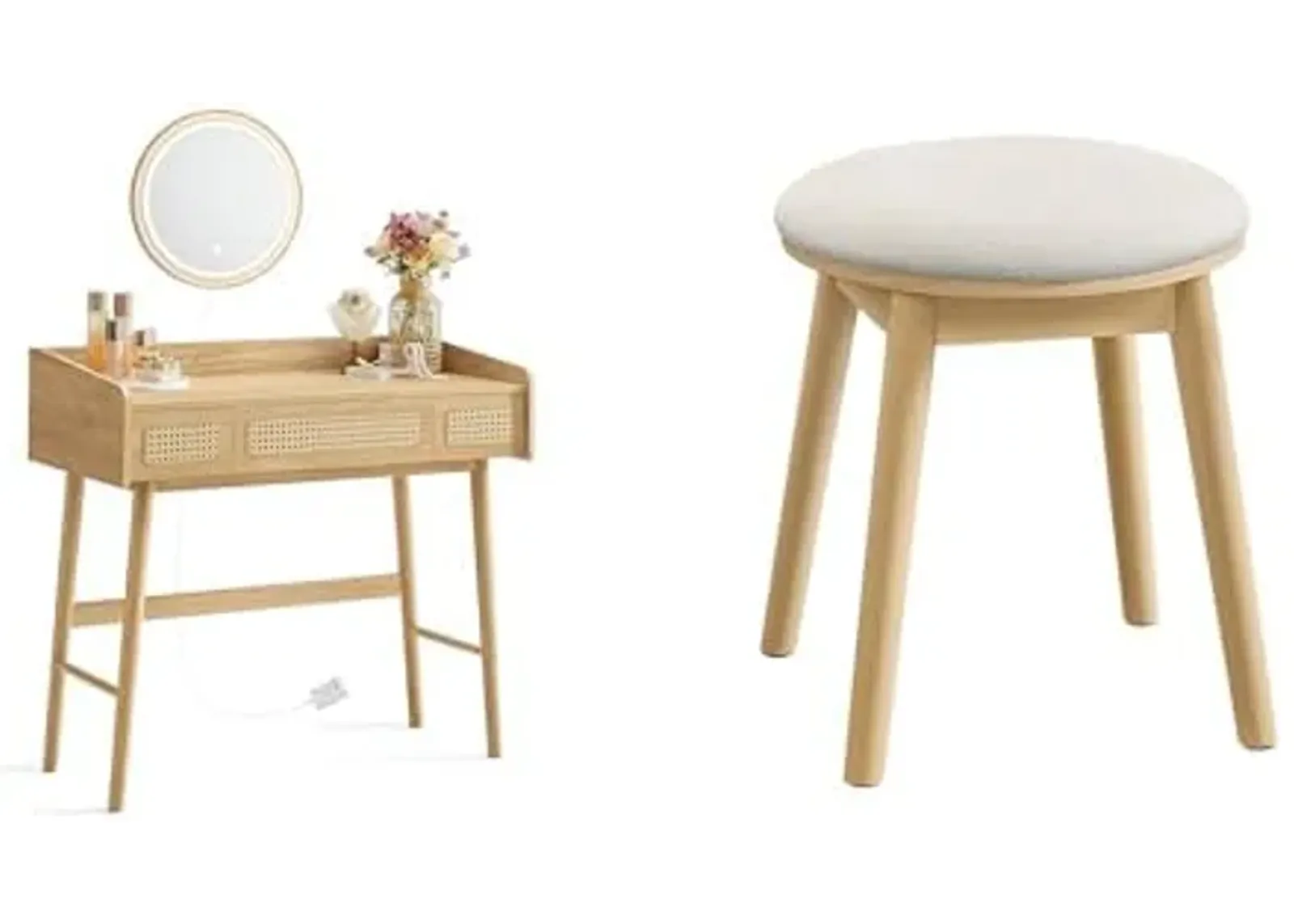 SONGMICS HOME Vanity Table Set, Makeup Stool, Dressing Table with Lighting, Round Stool, Boho Style, for Bedroom, Oak Beige and Cream White URVT007Y02 and URDS007Y01