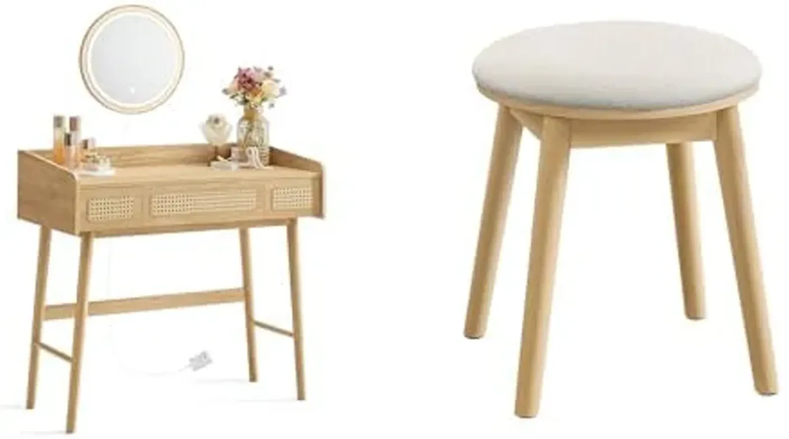 SONGMICS HOME Vanity Table Set, Makeup Stool, Dressing Table with Lighting, Round Stool, Boho Style, for Bedroom, Oak Beige and Cream White URVT007Y02 and URDS007Y01