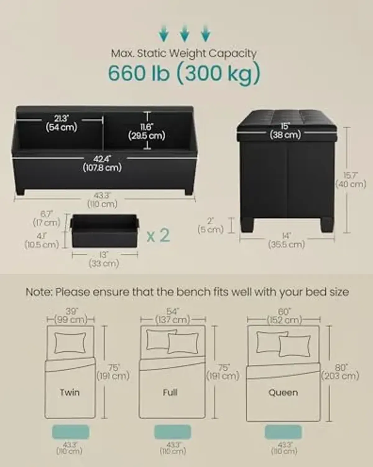 SONGMICS Storage Ottoman, Storage Bench with Legs, 15 x 43 x 15.7 Inches, Ottoman Bench, 30 Gal. (112 L), Synthetic Leather, for Living Room, Entryway, Ink Black ULSF0514B02