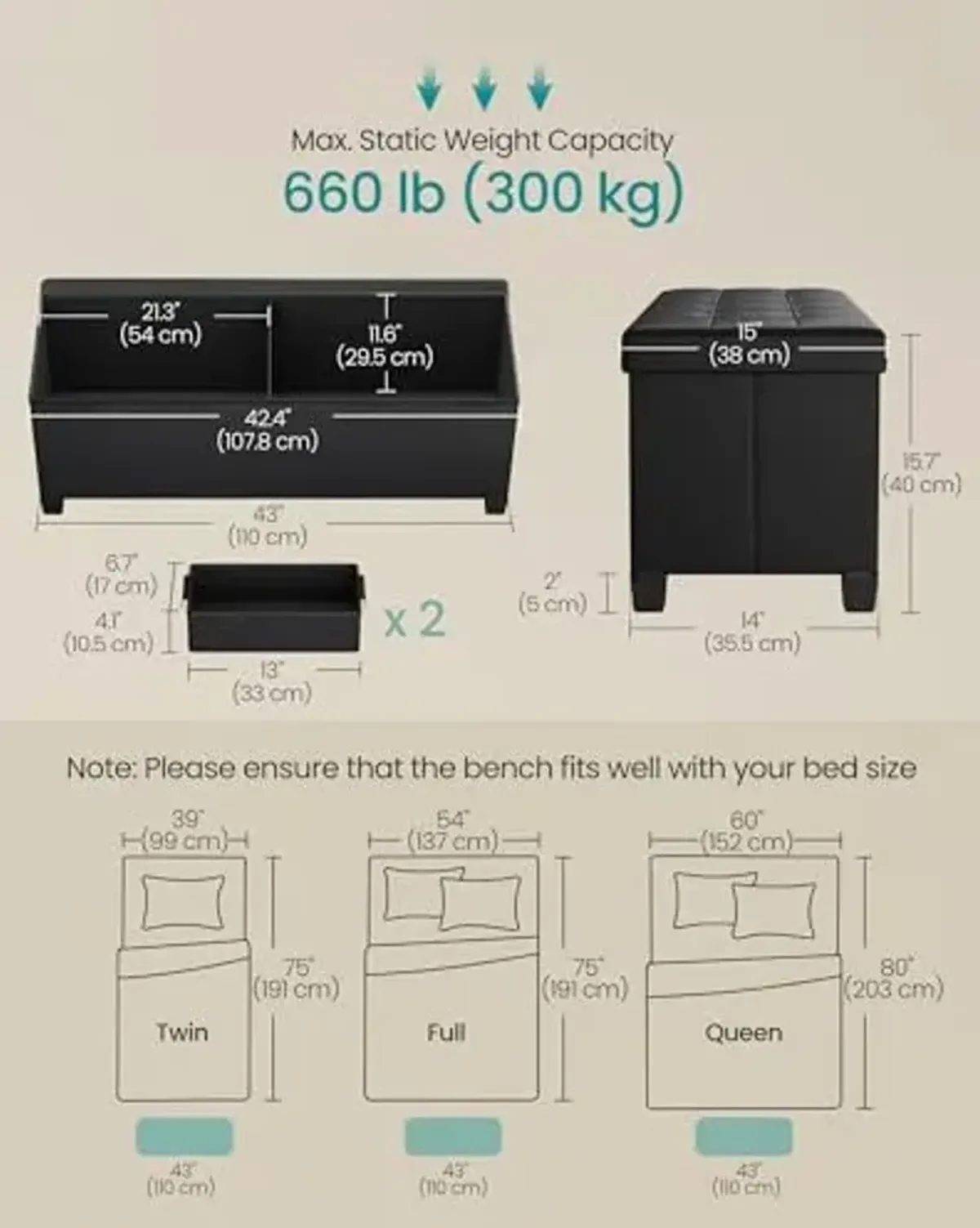 SONGMICS Storage Ottoman, Storage Bench with Legs, 15 x 43 x 15.7 Inches, Ottoman Bench, 30 Gal. (112 L), Synthetic Leather, for Living Room, Entryway, Ink Black ULSF0514B02