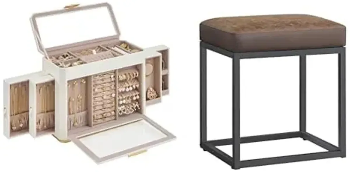 SONGMICS HOME Large Jewelry Box, Ottoman Footstool, Rectangle Ottoman, Vanity Chair Stool, Walnut Brown, UJBC203W01 and ULOM079K01