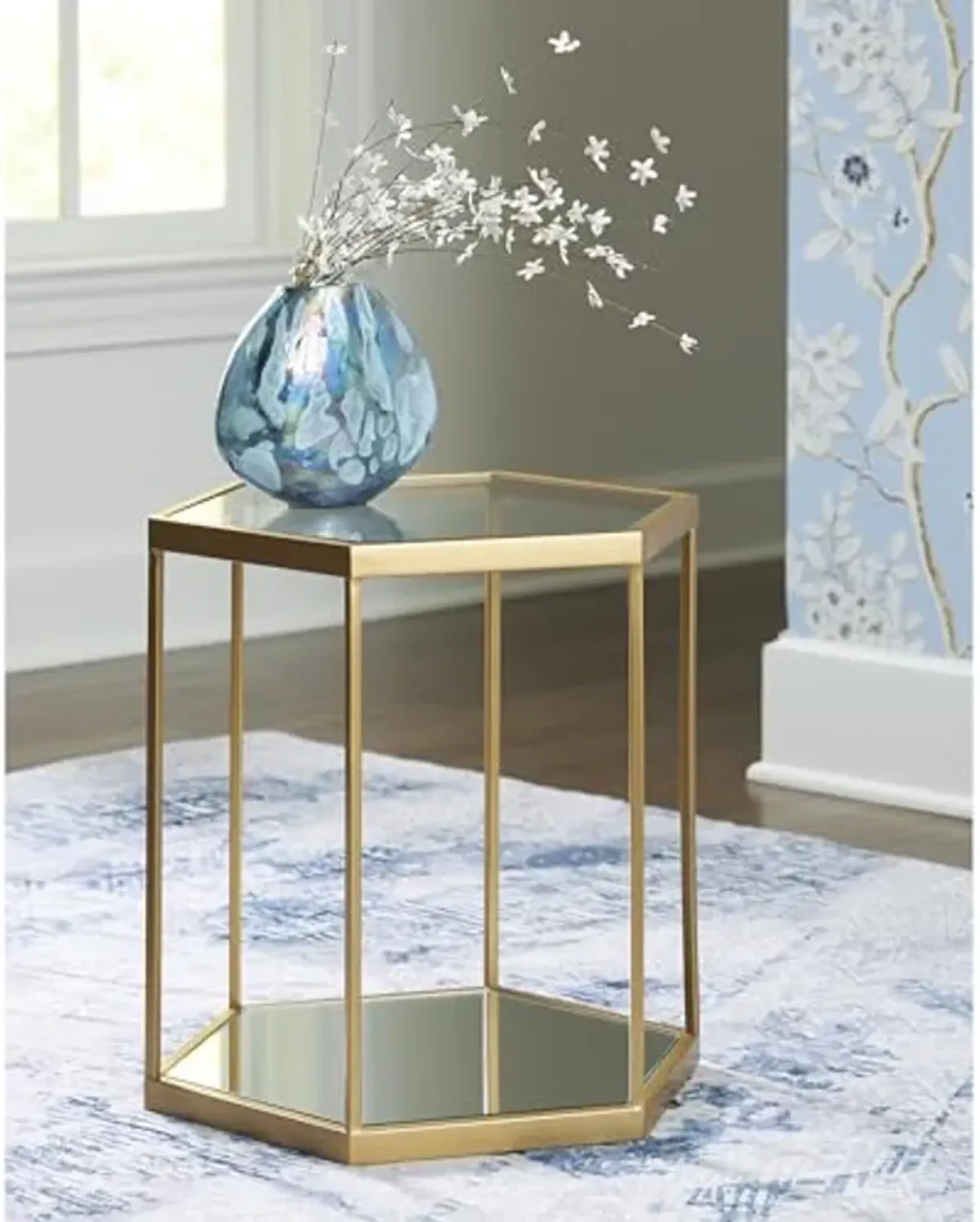 Signature Design by Ashley Veerwick Hexagonal Glass Accent Table with Gold Frame