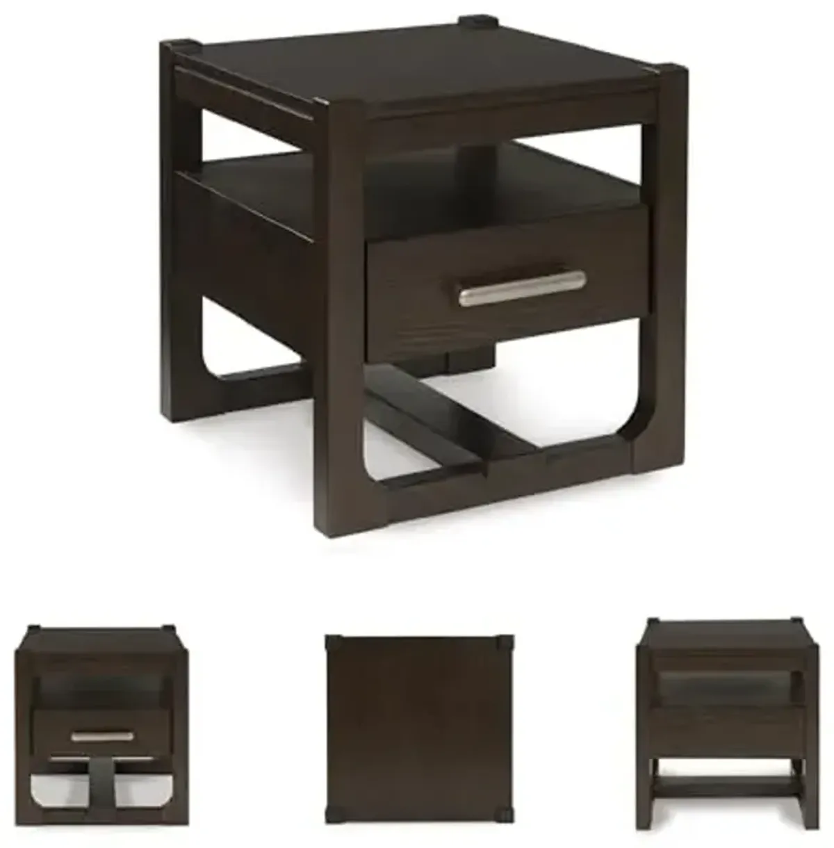 Signature Design by Ashley Breckington Modern End Table with 1 Drawer, Open Shelf and Trestle Base, Dark Brown