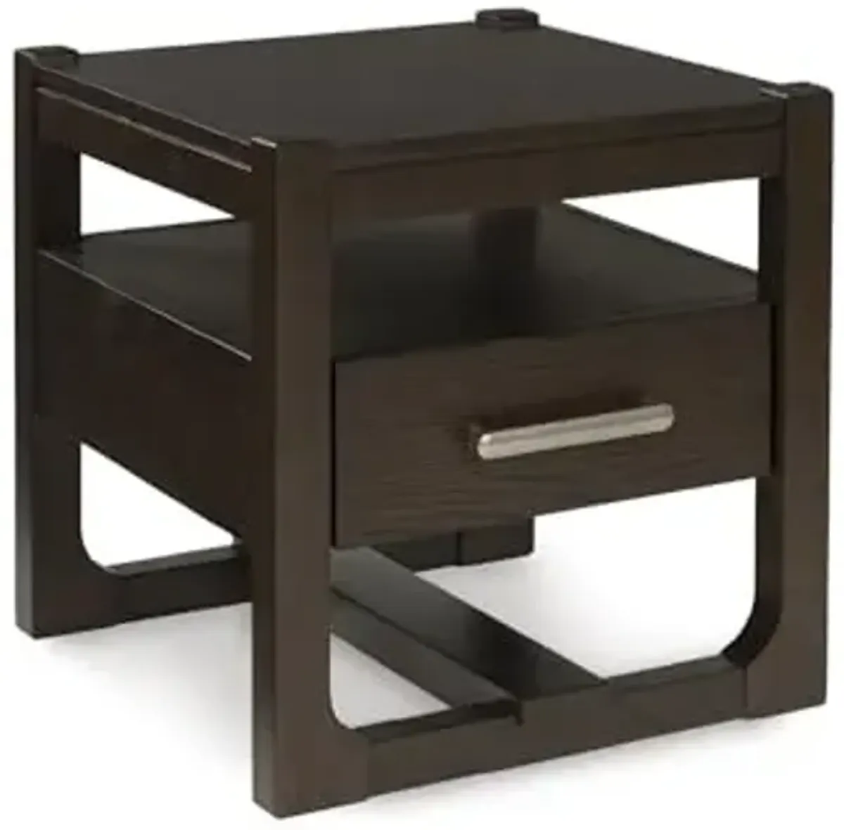 Signature Design by Ashley Breckington Modern End Table with 1 Drawer, Open Shelf and Trestle Base, Dark Brown