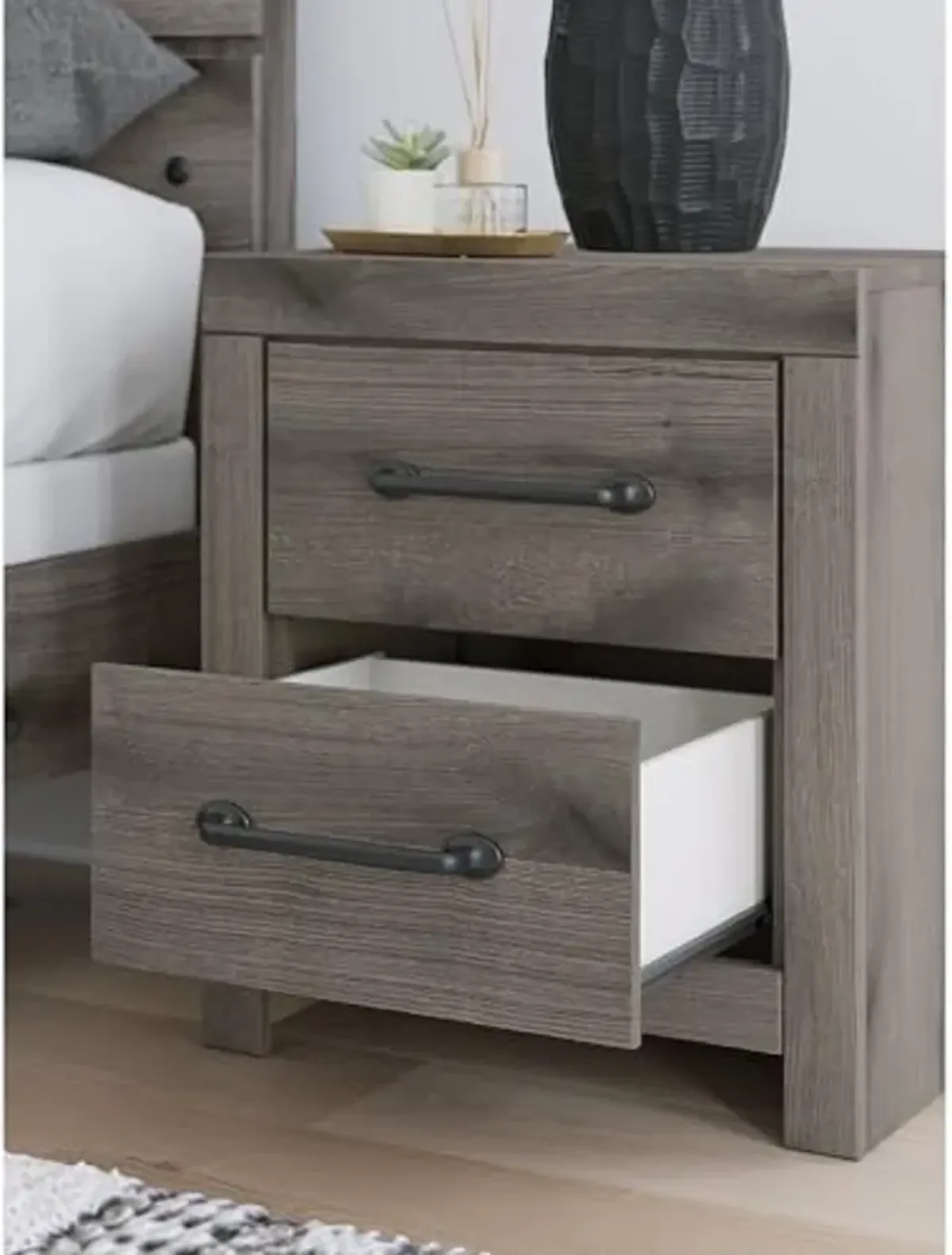 Signature Design by Ashley Urbanoore Two Drawer Night Stand with USB Charging, Weathered Gray