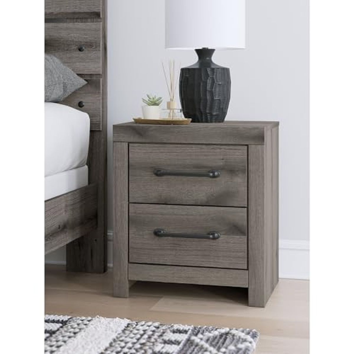 Signature Design by Ashley Urbanoore Two Drawer Night Stand with USB Charging, Weathered Gray