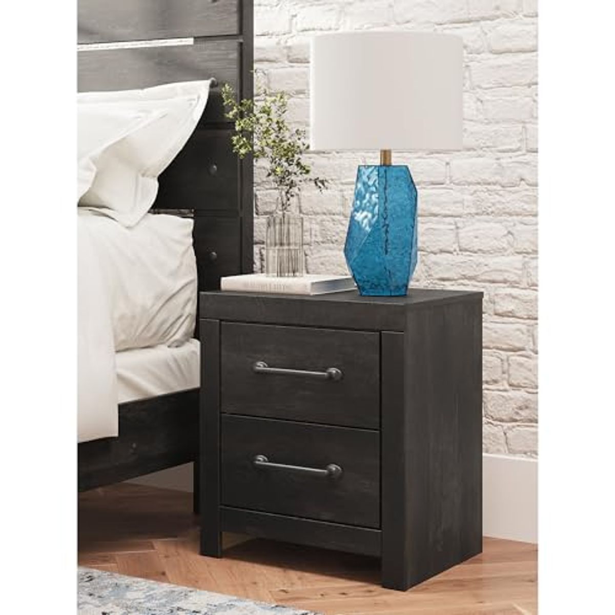 Signature Design by Ashley Delmorta Two Drawer Night Stand with USB Charging, Dark Gray