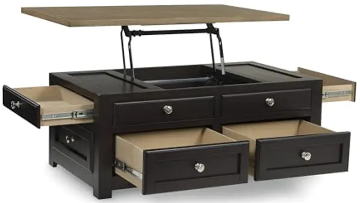 Signature Design by Ashley Drazmine Two-Tone Lift Top Coffee Table with Storage Drawers & Casters, Brown