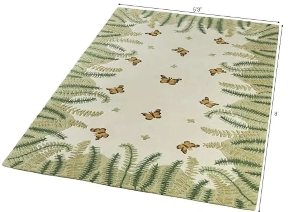 Botanical Butterfly Nature Area Rug | 5 feet 3 inches x 8 feet | Natural Color Palette | Handcrafted, Hand-tufted, and Handcarved Pure Wool Rectangle Rug with Butterflies, Leaves, and Ferns