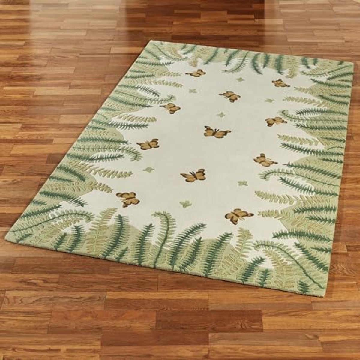 Botanical Butterfly Nature Area Rug | 5 feet 3 inches x 8 feet | Natural Color Palette | Handcrafted, Hand-tufted, and Handcarved Pure Wool Rectangle Rug with Butterflies, Leaves, and Ferns