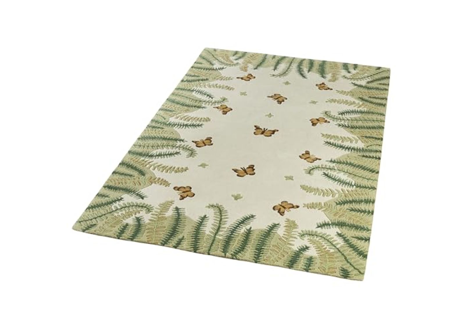 Botanical Butterfly Nature Area Rug | 5 feet 3 inches x 8 feet | Natural Color Palette | Handcrafted, Hand-tufted, and Handcarved Pure Wool Rectangle Rug with Butterflies, Leaves, and Ferns