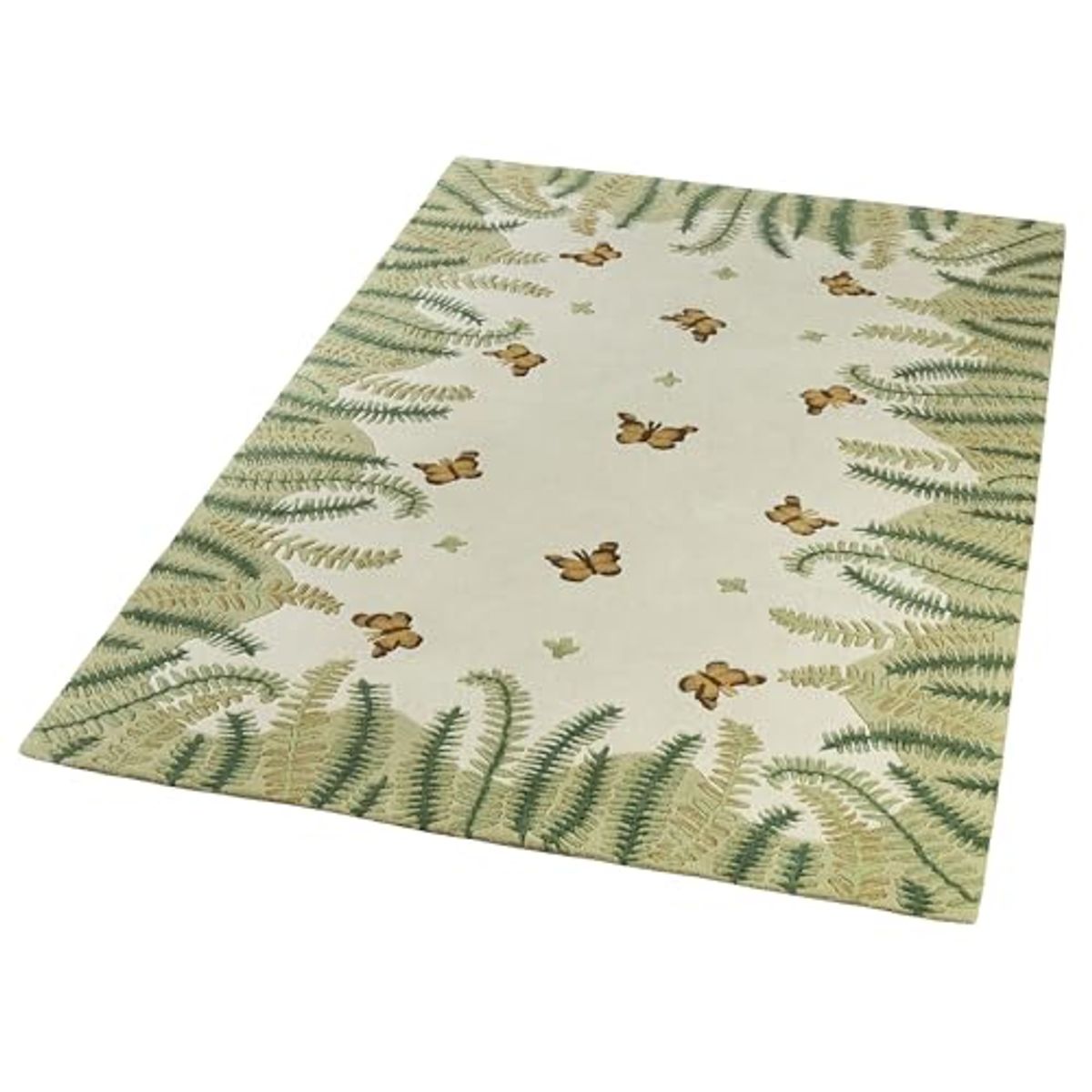 Botanical Butterfly Nature Area Rug | 5 feet 3 inches x 8 feet | Natural Color Palette | Handcrafted, Hand-tufted, and Handcarved Pure Wool Rectangle Rug with Butterflies, Leaves, and Ferns