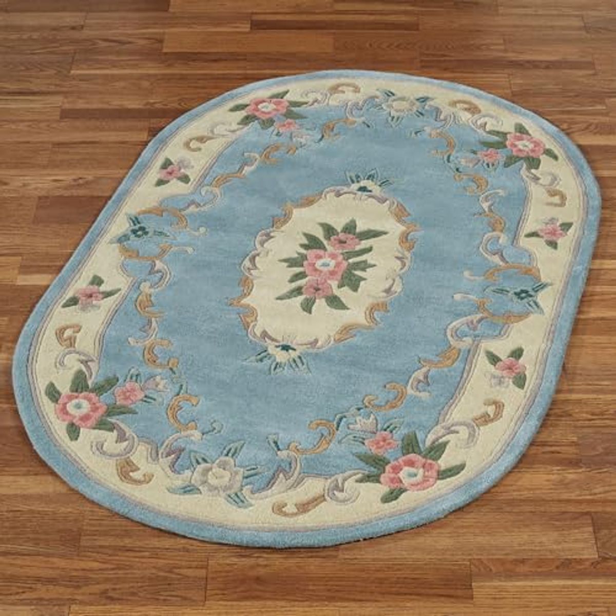 Traditional Floral Serena Aubusson II Oval Area Rug | 3 feet 6 inches x 5 feet 6 inches | Parisian Light Blue | Handcarved, Hand-tufted, Luster Washed, Thick Pure Wool Rug with Flowers and Scrollwork