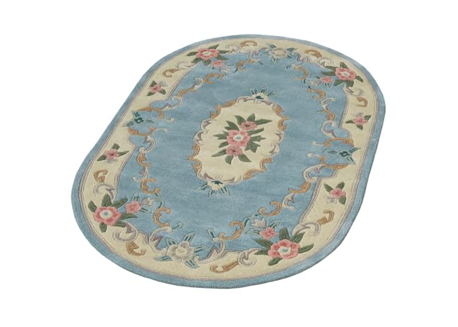 Traditional Floral Serena Aubusson II Oval Area Rug | 3 feet 6 inches x 5 feet 6 inches | Parisian Light Blue | Handcarved, Hand-tufted, Luster Washed, Thick Pure Wool Rug with Flowers and Scrollwork