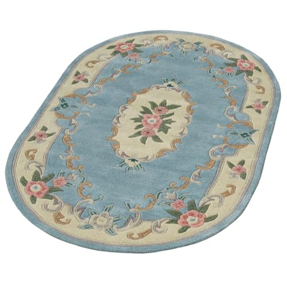 Traditional Floral Serena Aubusson II Oval Area Rug | 3 feet 6 inches x 5 feet 6 inches | Parisian Light Blue | Handcarved, Hand-tufted, Luster Washed, Thick Pure Wool Rug with Flowers and Scrollwork