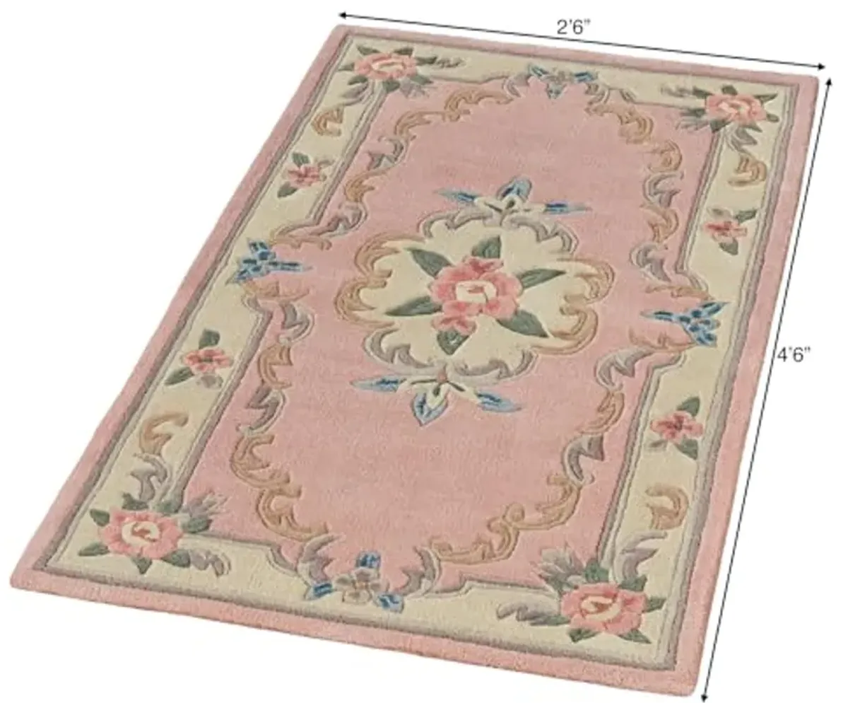 Traditional Floral Serena Aubusson II Small Rectangle Accent Rug | 2 feet 6 inches x 4 feet 6 inches | Soft Rose Pink | Handcarved, Hand-tufted, Luster Washed, Thick Pure Wool Sofa-Sized Area Rug