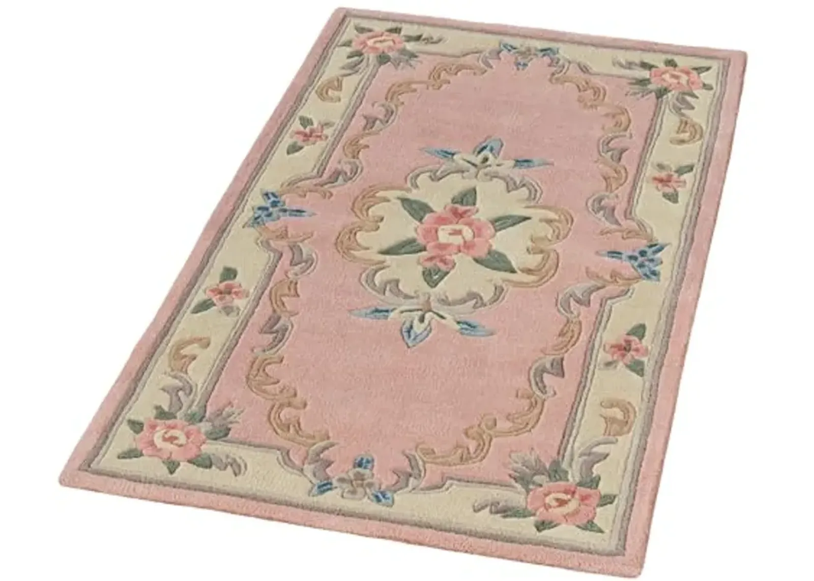 Traditional Floral Serena Aubusson II Small Rectangle Accent Rug | 2 feet 6 inches x 4 feet 6 inches | Soft Rose Pink | Handcarved, Hand-tufted, Luster Washed, Thick Pure Wool Sofa-Sized Area Rug