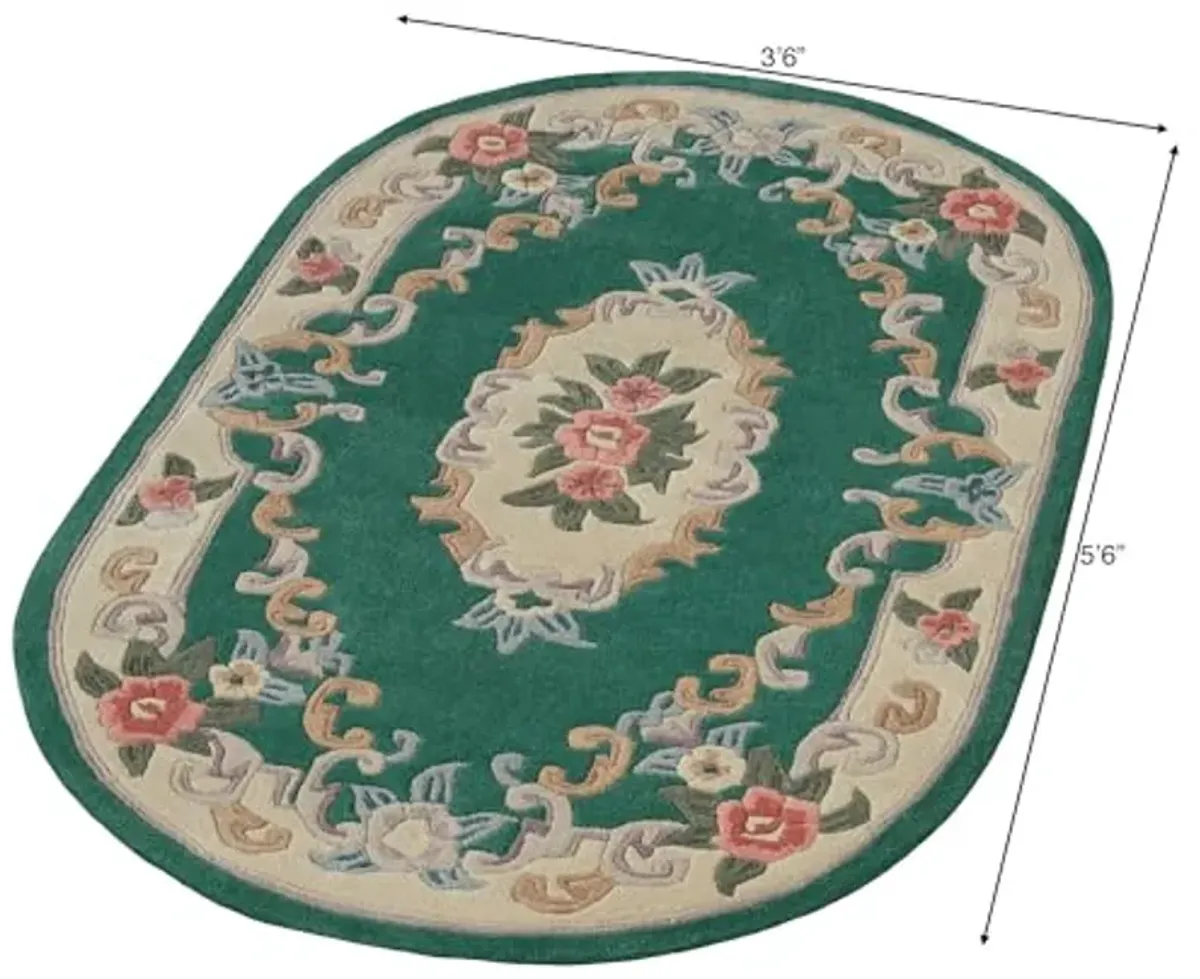 Traditional Floral Serena Aubusson II Oval Area Rug | 3 feet 6 inches x 5 feet 6 inches | Emerald Green | Handcarved, Hand-tufted, Luster Washed, Thick Pure Wool Rug with Flowers and Scrollwork