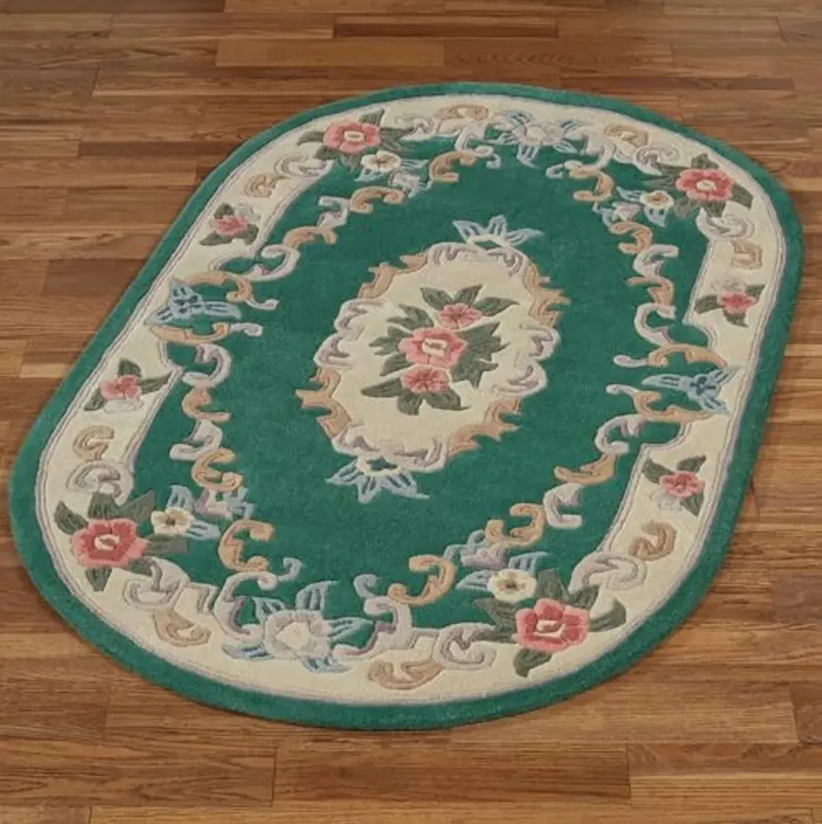 Traditional Floral Serena Aubusson II Oval Area Rug | 3 feet 6 inches x 5 feet 6 inches | Emerald Green | Handcarved, Hand-tufted, Luster Washed, Thick Pure Wool Rug with Flowers and Scrollwork