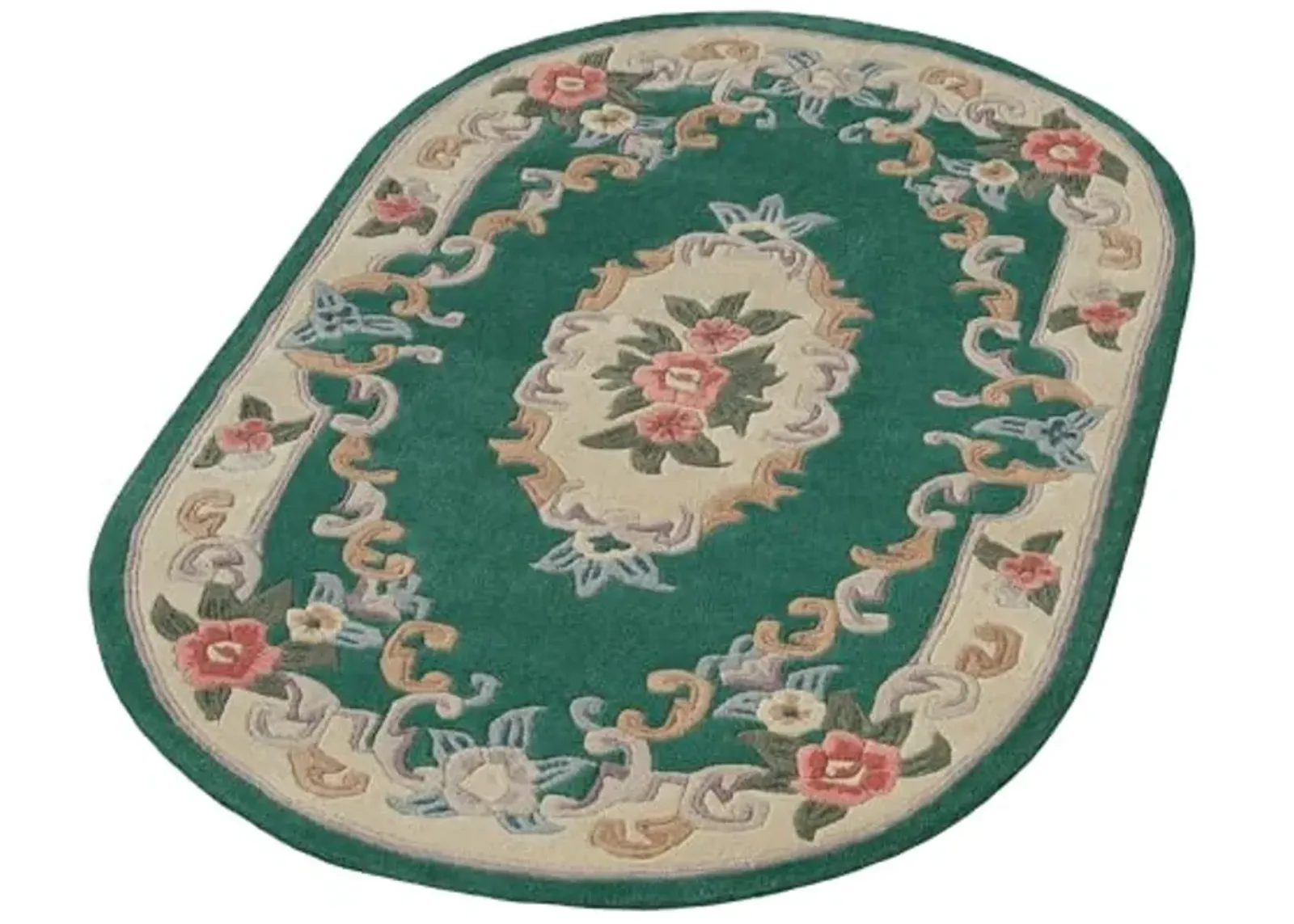 Traditional Floral Serena Aubusson II Oval Area Rug | 3 feet 6 inches x 5 feet 6 inches | Emerald Green | Handcarved, Hand-tufted, Luster Washed, Thick Pure Wool Rug with Flowers and Scrollwork