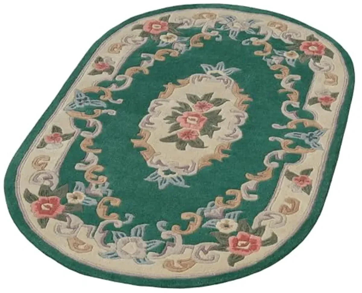 Traditional Floral Serena Aubusson II Oval Area Rug | 3 feet 6 inches x 5 feet 6 inches | Emerald Green | Handcarved, Hand-tufted, Luster Washed, Thick Pure Wool Rug with Flowers and Scrollwork