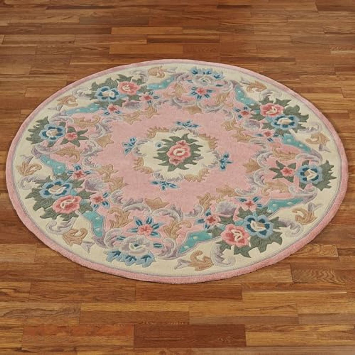 Traditional Floral Serena Aubusson II Round Area Rug | 5 feet 9 inches | Soft Rose Pink | Handcarved, Hand-tufted, Luster Washed, Thick Pure Wool Circle Area Rug with Flowers and Scrollwork