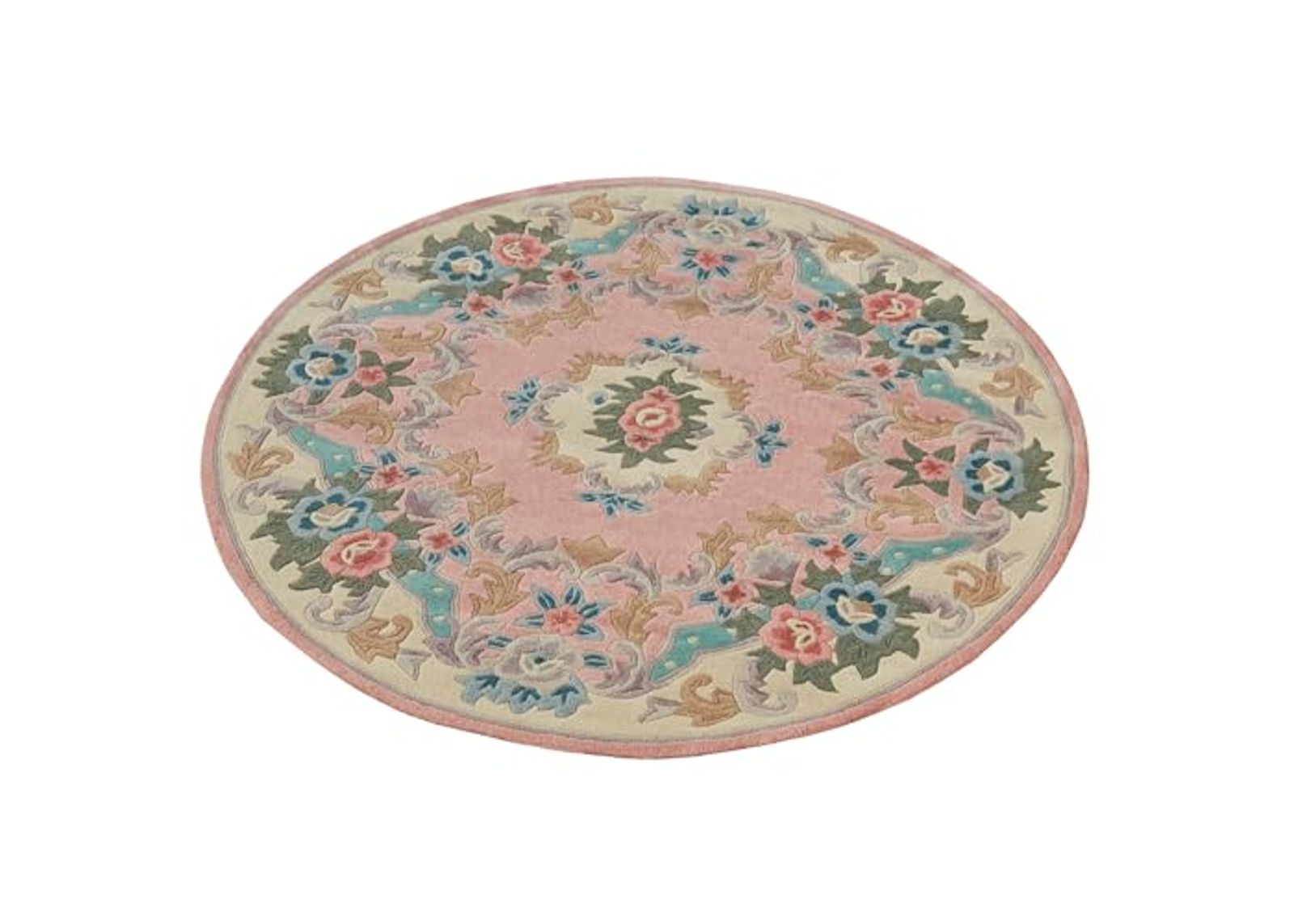 Traditional Floral Serena Aubusson II Round Area Rug | 5 feet 9 inches | Soft Rose Pink | Handcarved, Hand-tufted, Luster Washed, Thick Pure Wool Circle Area Rug with Flowers and Scrollwork