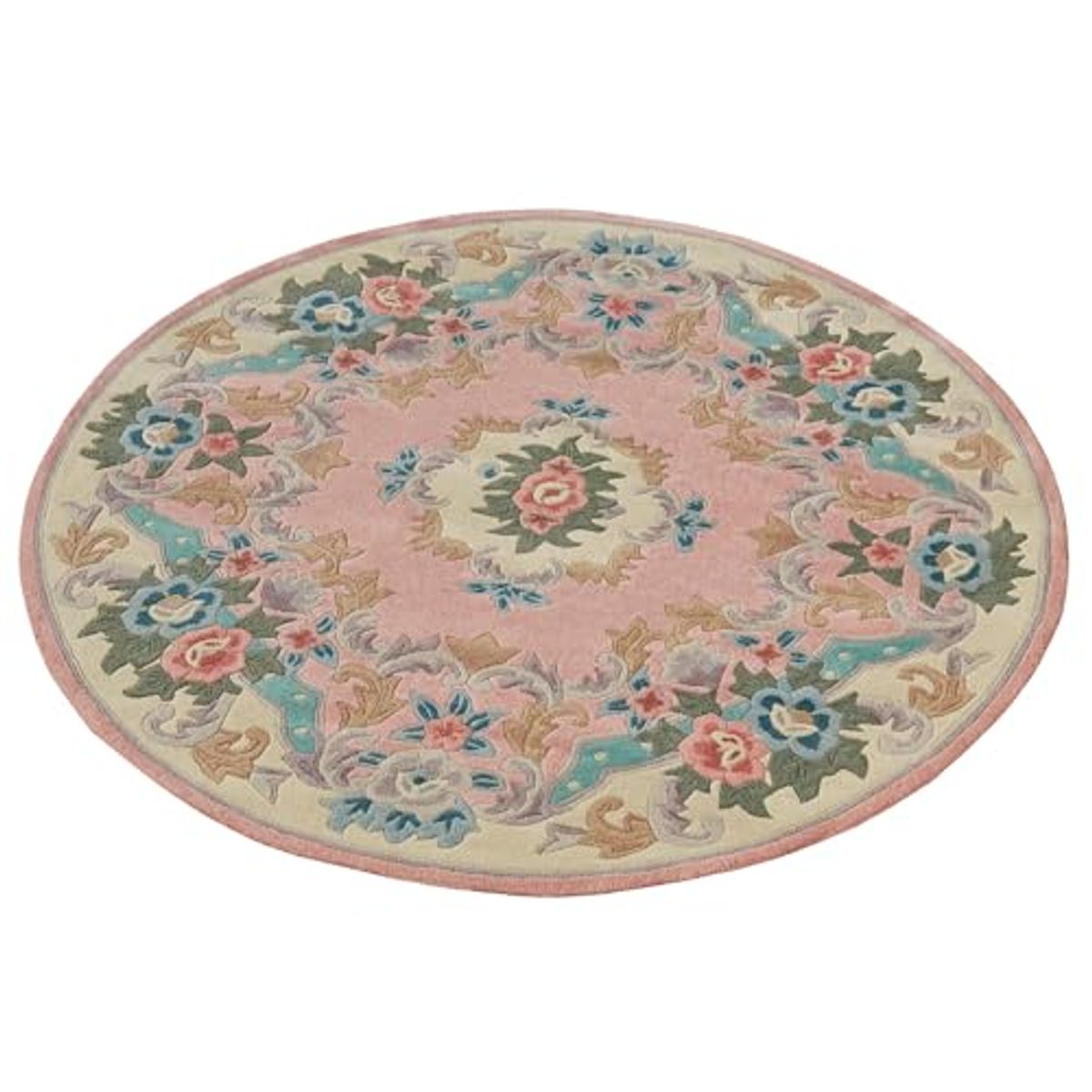 Traditional Floral Serena Aubusson II Round Area Rug | 5 feet 9 inches | Soft Rose Pink | Handcarved, Hand-tufted, Luster Washed, Thick Pure Wool Circle Area Rug with Flowers and Scrollwork