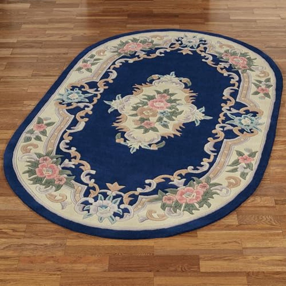 Traditional Floral Serena Aubusson II Oval Area Rug | 5 feet 3 inches x 8 feet 3 inches | Midnight Dark Blue | Handcarved, Hand-tufted, Luster Washed, Thick Pure Wool Rug with Flowers and Scrollwork