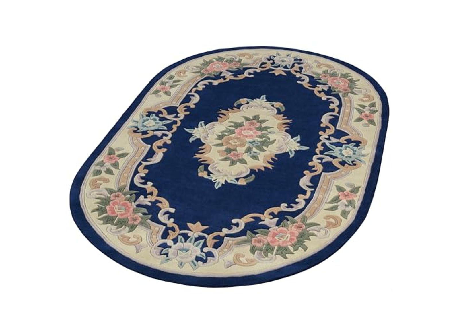 Traditional Floral Serena Aubusson II Oval Area Rug | 5 feet 3 inches x 8 feet 3 inches | Midnight Dark Blue | Handcarved, Hand-tufted, Luster Washed, Thick Pure Wool Rug with Flowers and Scrollwork