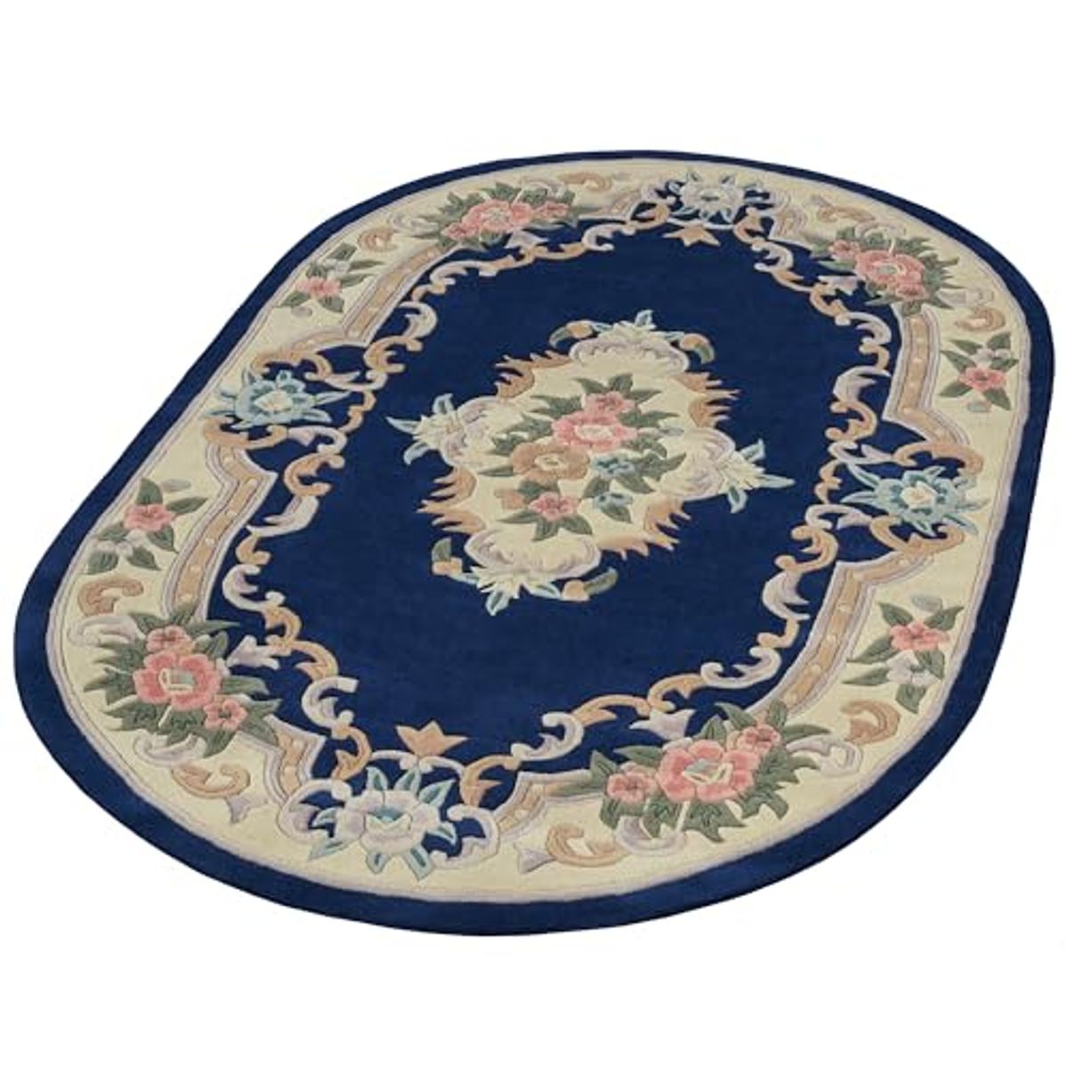 Traditional Floral Serena Aubusson II Oval Area Rug | 5 feet 3 inches x 8 feet 3 inches | Midnight Dark Blue | Handcarved, Hand-tufted, Luster Washed, Thick Pure Wool Rug with Flowers and Scrollwork