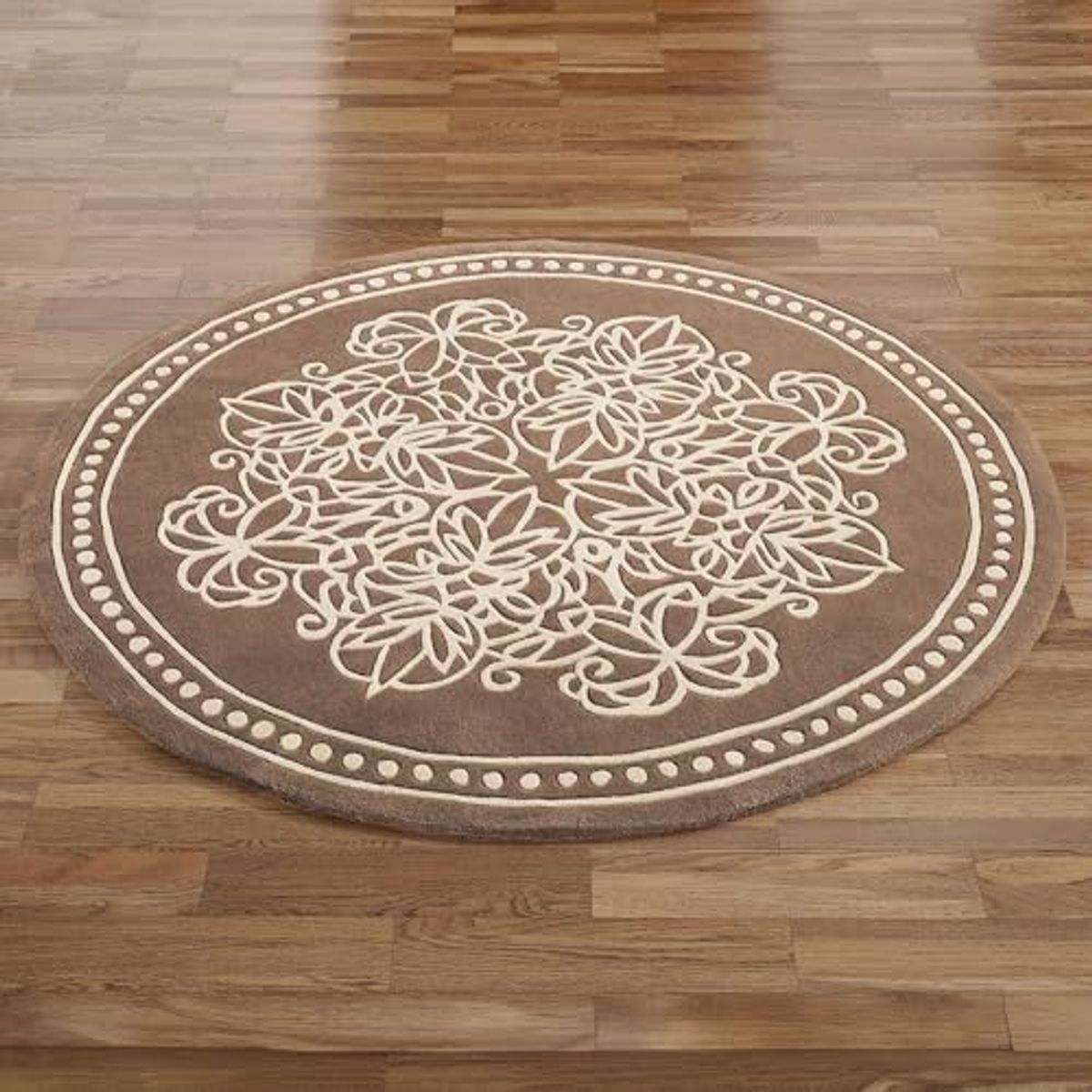 Venice Lace Round Area Rug | 5 feet | Neutral, Jewel Toned Topaz and Light Cream Hues | Elegant Scrollwork Medallion and Dotted Pearl-Like Border | Hand-Tufted and Handcarved Pure Wool Circular Rug