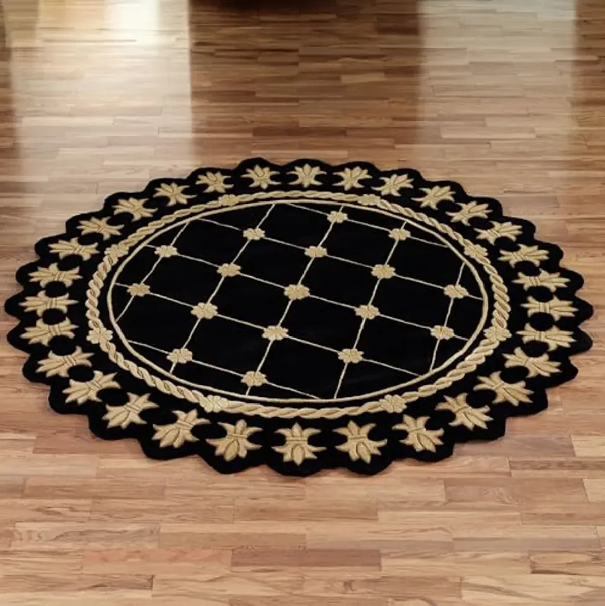 Onyx Empire Round Area Rug | 7 feet 6 inches | Classic Black with Golden Wheat Designs | Royal Fleur-de-lis Frame | Hand-Tufted and Handcarved Pure Wool Circle Traditional Area Rug with Contour Edges