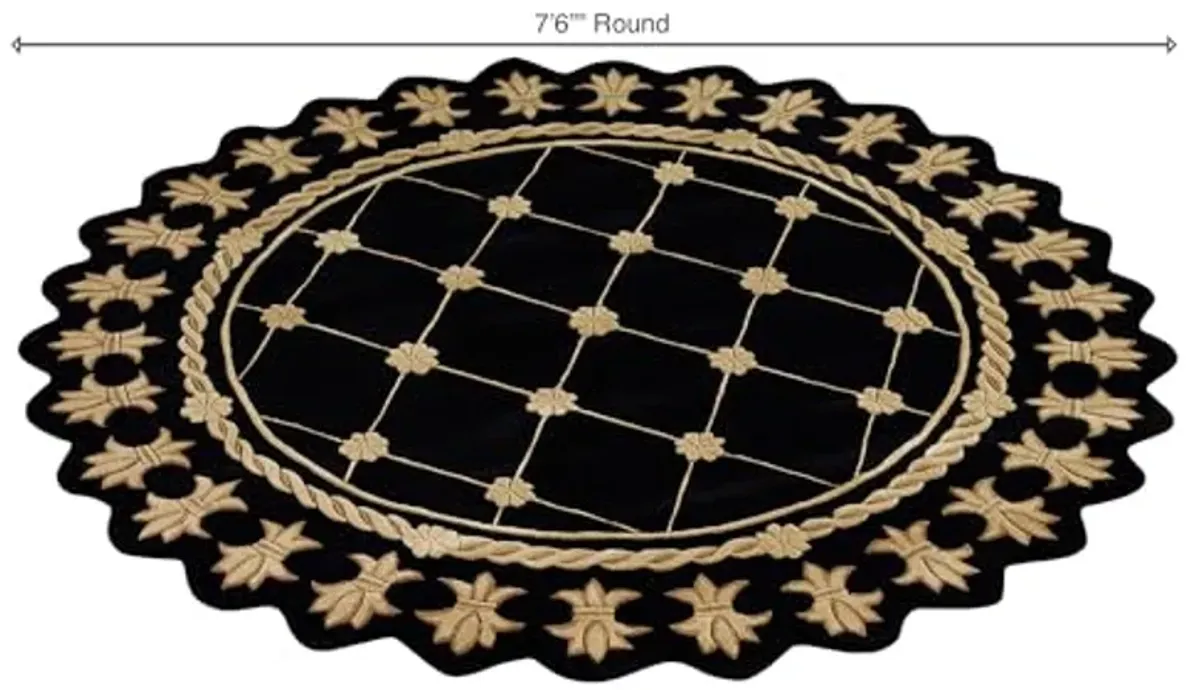 Onyx Empire Round Area Rug | 7 feet 6 inches | Classic Black with Golden Wheat Designs | Royal Fleur-de-lis Frame | Hand-Tufted and Handcarved Pure Wool Circle Traditional Area Rug with Contour Edges