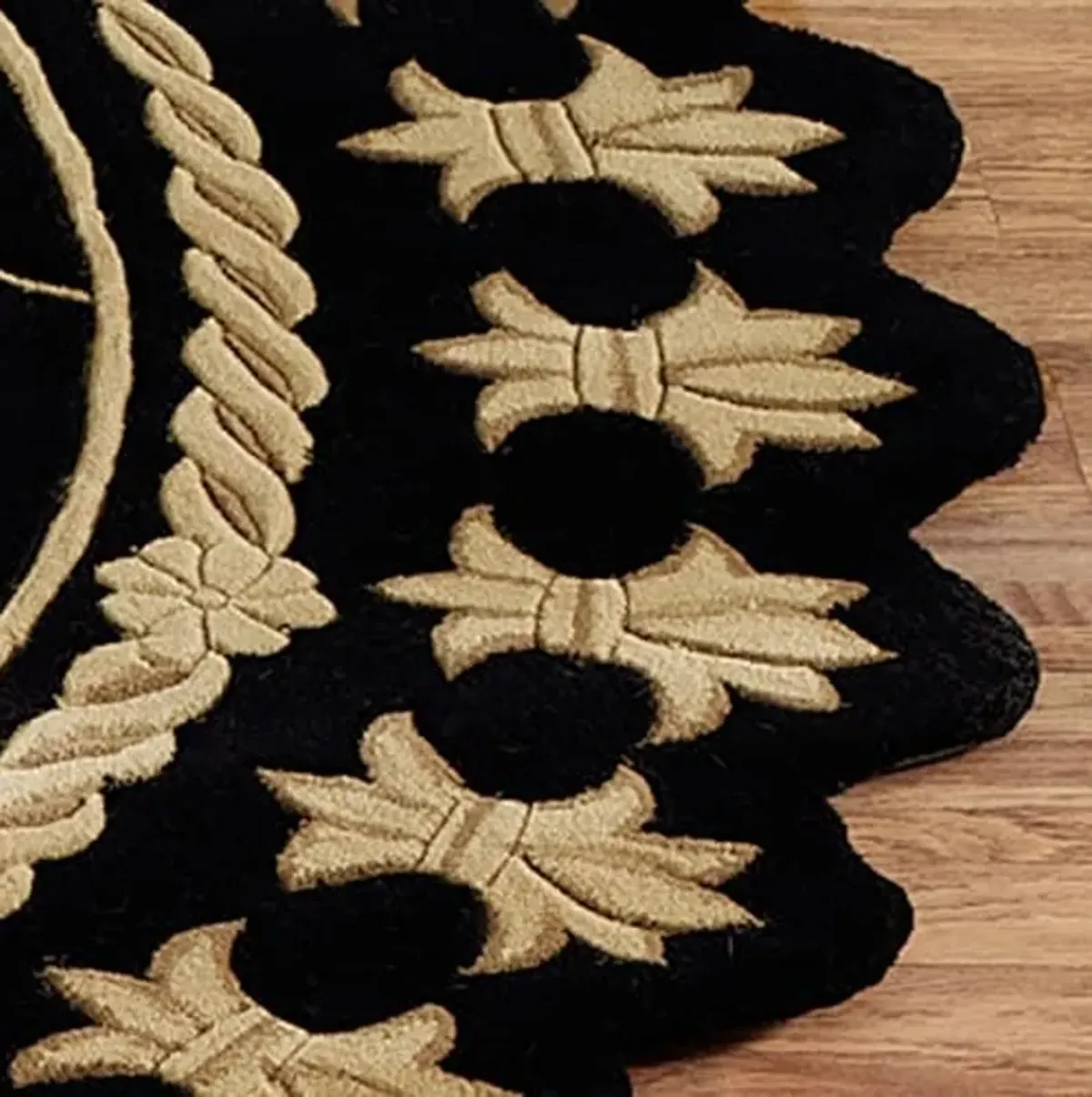 Onyx Empire Round Area Rug | 7 feet 6 inches | Classic Black with Golden Wheat Designs | Royal Fleur-de-lis Frame | Hand-Tufted and Handcarved Pure Wool Circle Traditional Area Rug with Contour Edges