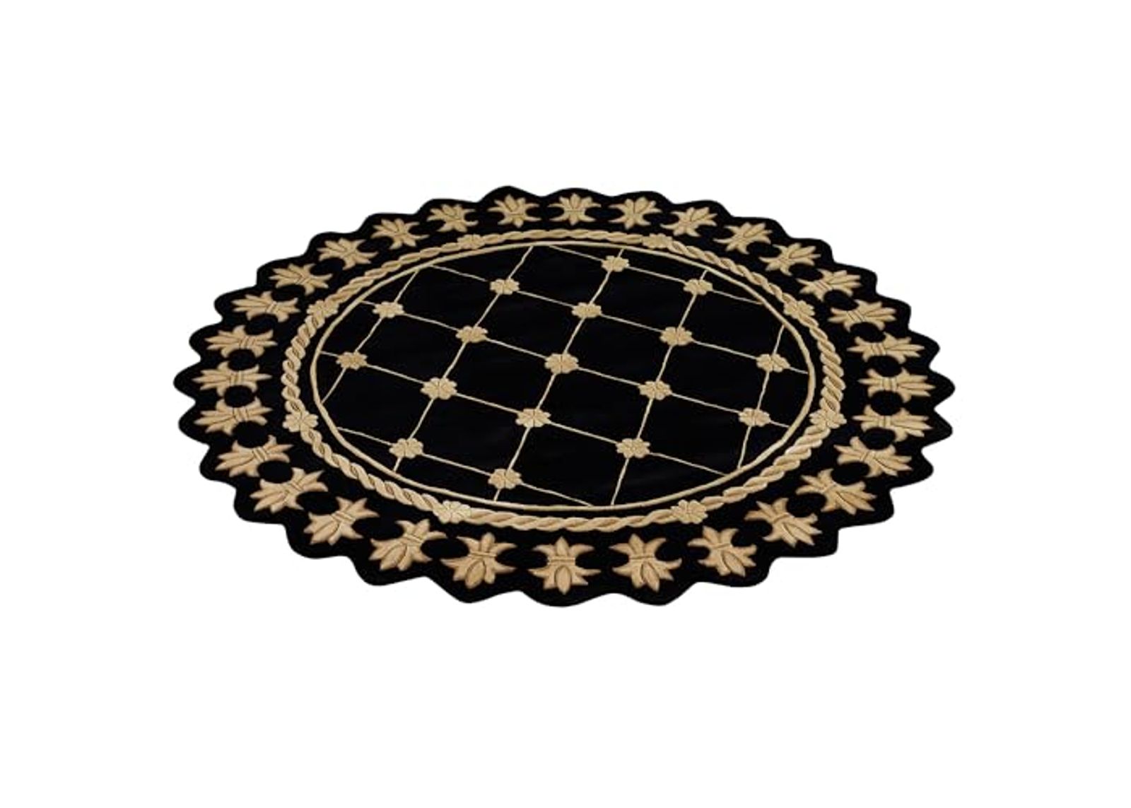 Onyx Empire Round Area Rug | 7 feet 6 inches | Classic Black with Golden Wheat Designs | Royal Fleur-de-lis Frame | Hand-Tufted and Handcarved Pure Wool Circle Traditional Area Rug with Contour Edges