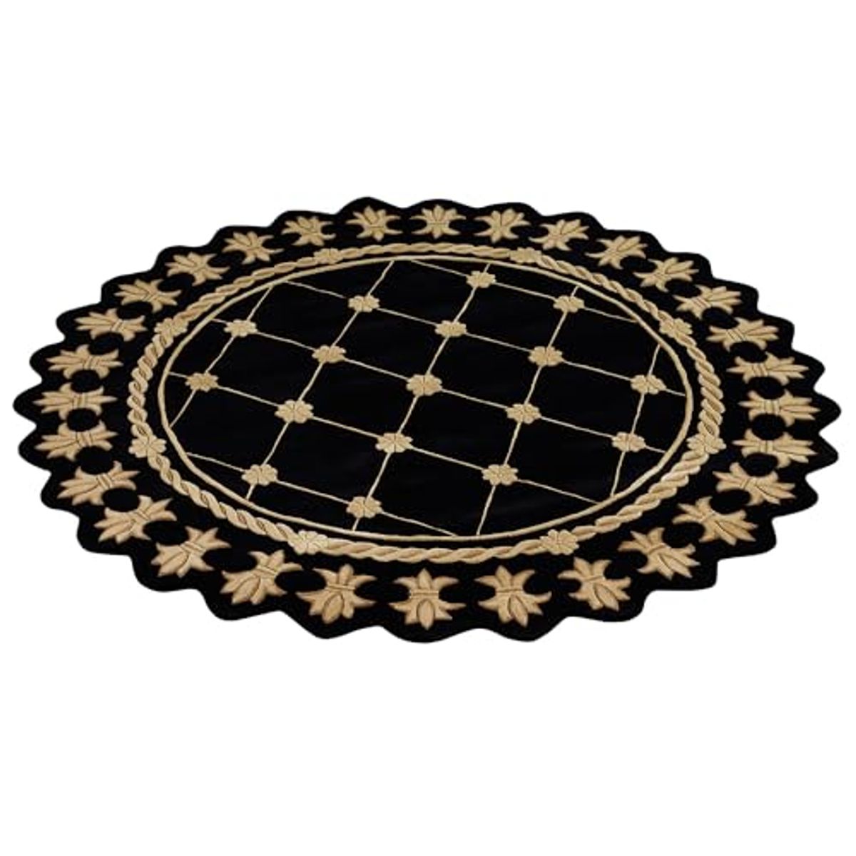 Onyx Empire Round Area Rug | 7 feet 6 inches | Classic Black with Golden Wheat Designs | Royal Fleur-de-lis Frame | Hand-Tufted and Handcarved Pure Wool Circle Traditional Area Rug with Contour Edges