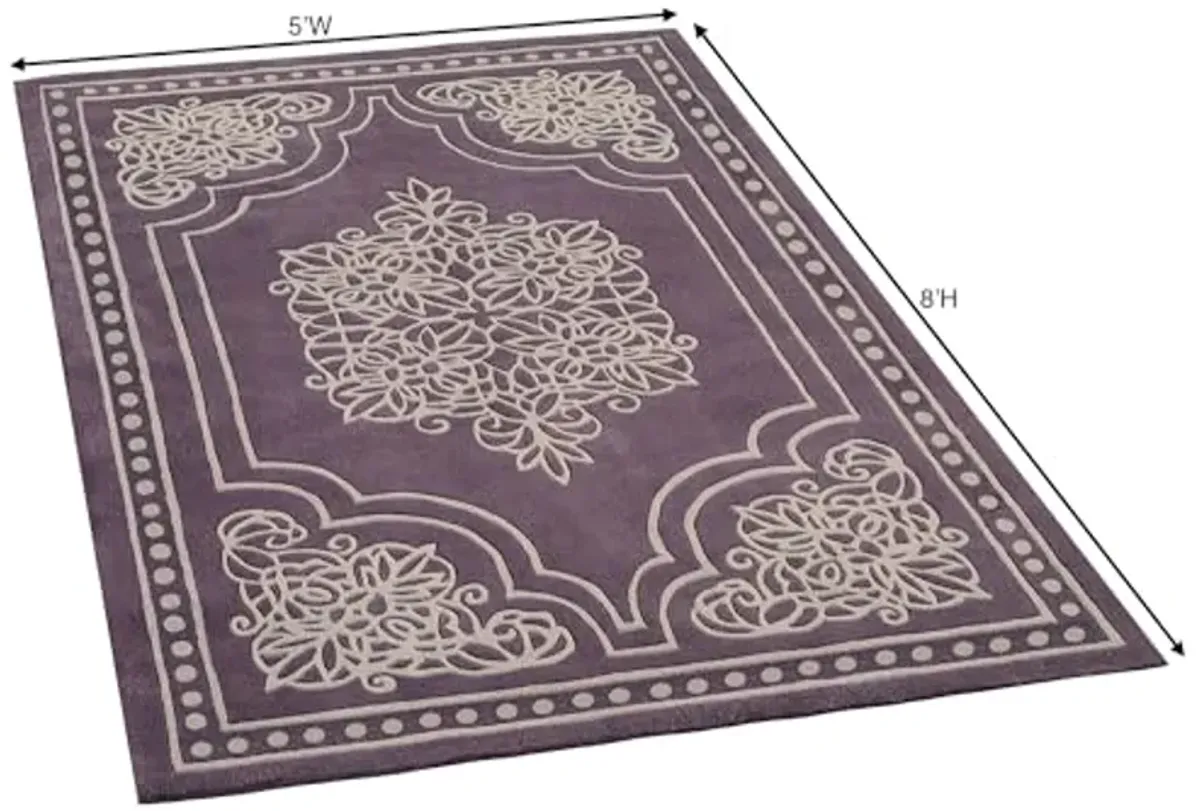 Vintage Lace Area Rug | 5 feet x 8 feet | Rich Dusty Purple and Taupe Hues | Elegant Scrollwork Medallion and Dotted Pearl Border | Hand-Tufted and Handcarved Pure Wool Rectangle Area Rug