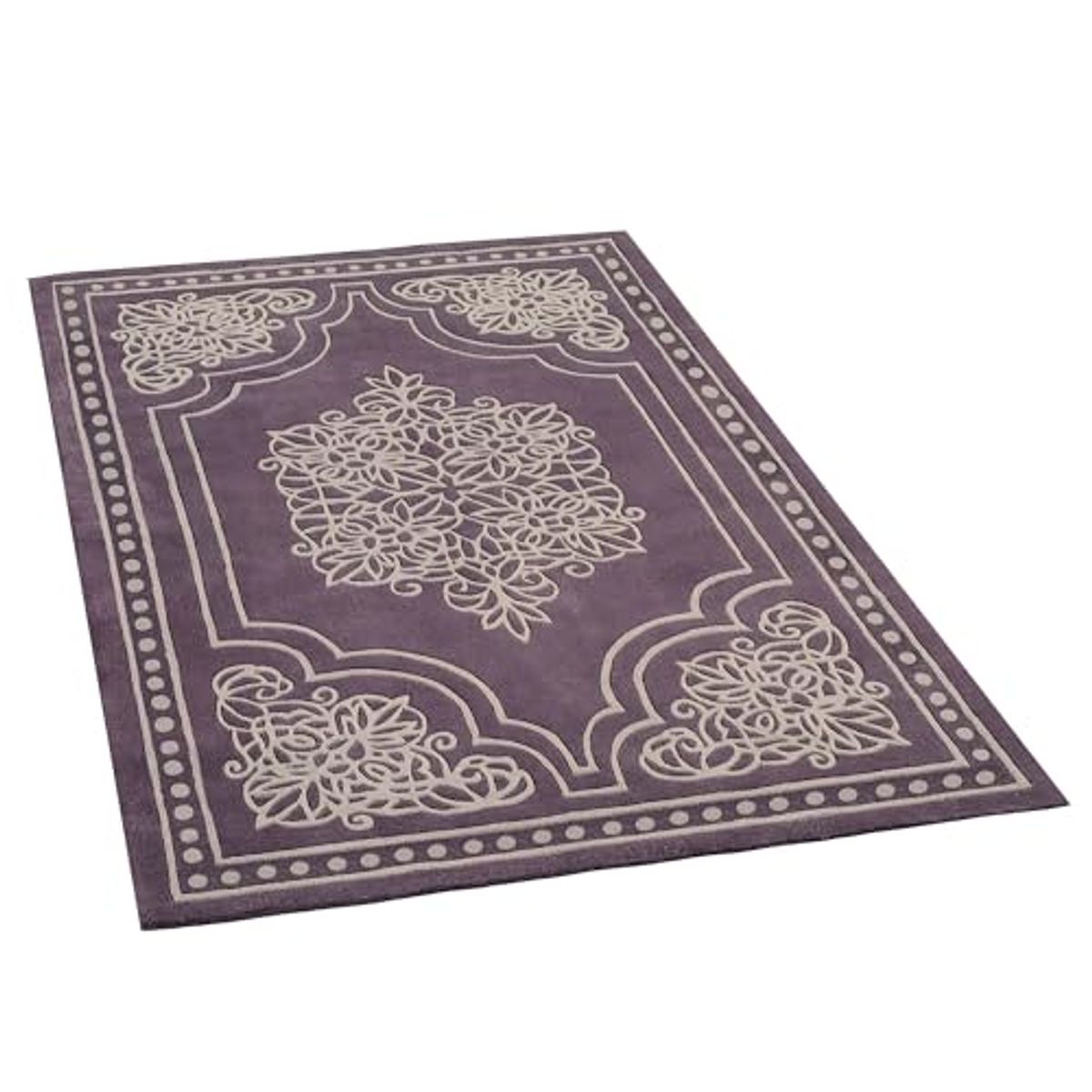 Vintage Lace Area Rug | 5 feet x 8 feet | Rich Dusty Purple and Taupe Hues | Elegant Scrollwork Medallion and Dotted Pearl Border | Hand-Tufted and Handcarved Pure Wool Rectangle Area Rug