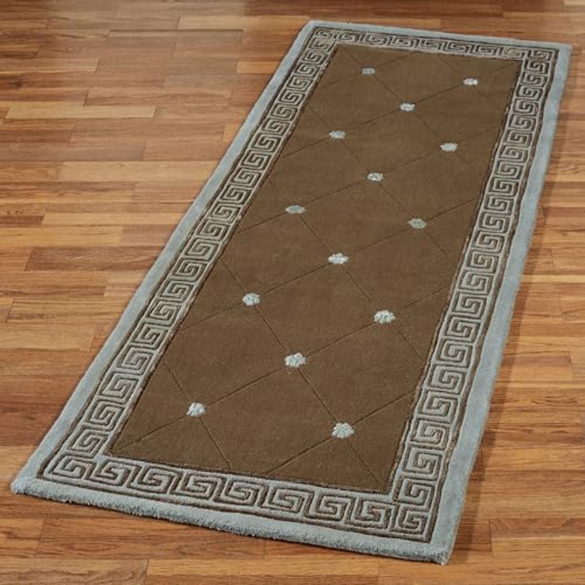 Classical Athens II Greek Key Area Rug | 3 feet x 8 feet | Chocolate Brown and Slate Blue | Hand-Tufted and Handcarved Pure Wool Rectangle Area Rug with a Luster Washed Sheen