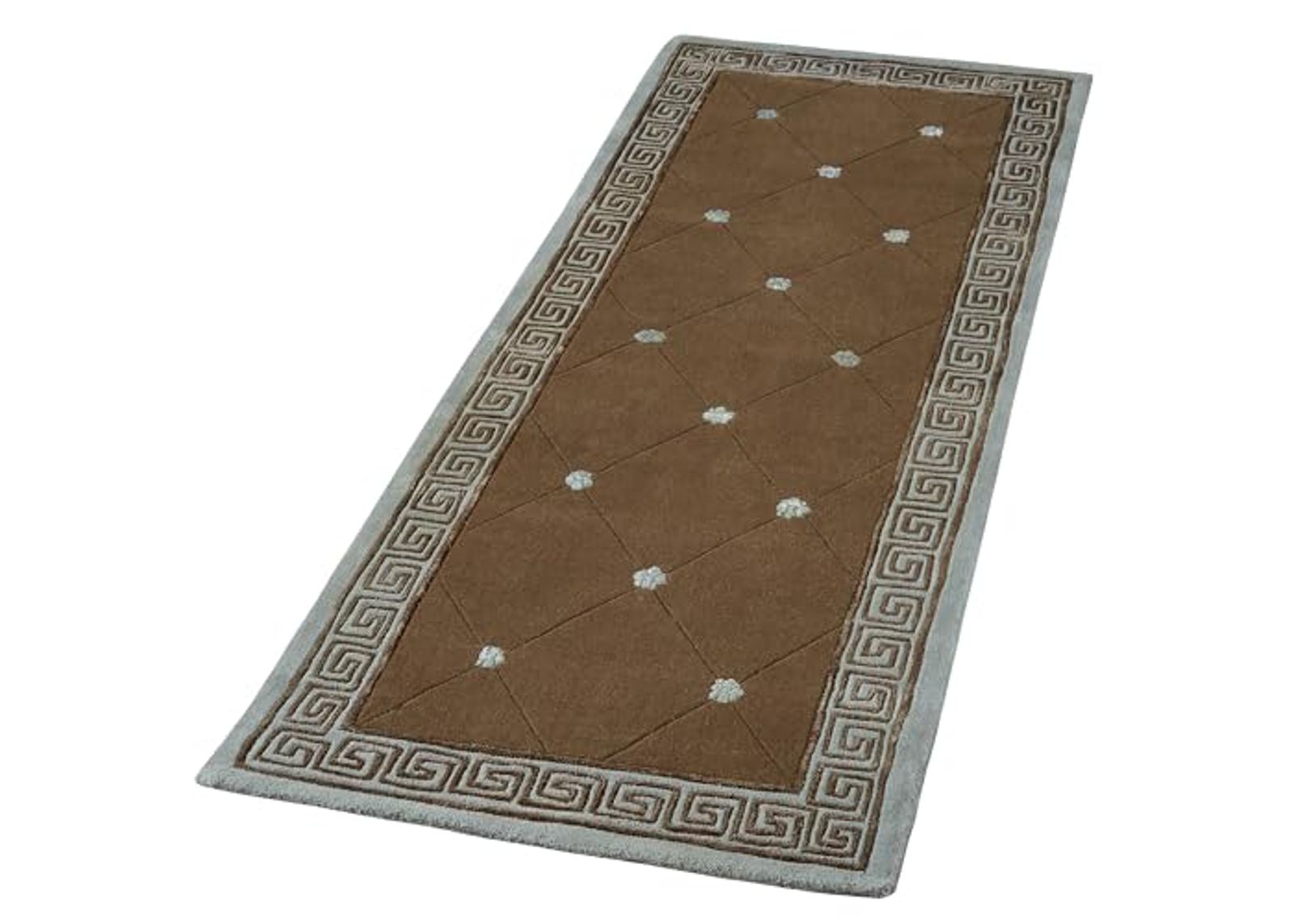 Classical Athens II Greek Key Area Rug | 3 feet x 8 feet | Chocolate Brown and Slate Blue | Hand-Tufted and Handcarved Pure Wool Rectangle Area Rug with a Luster Washed Sheen