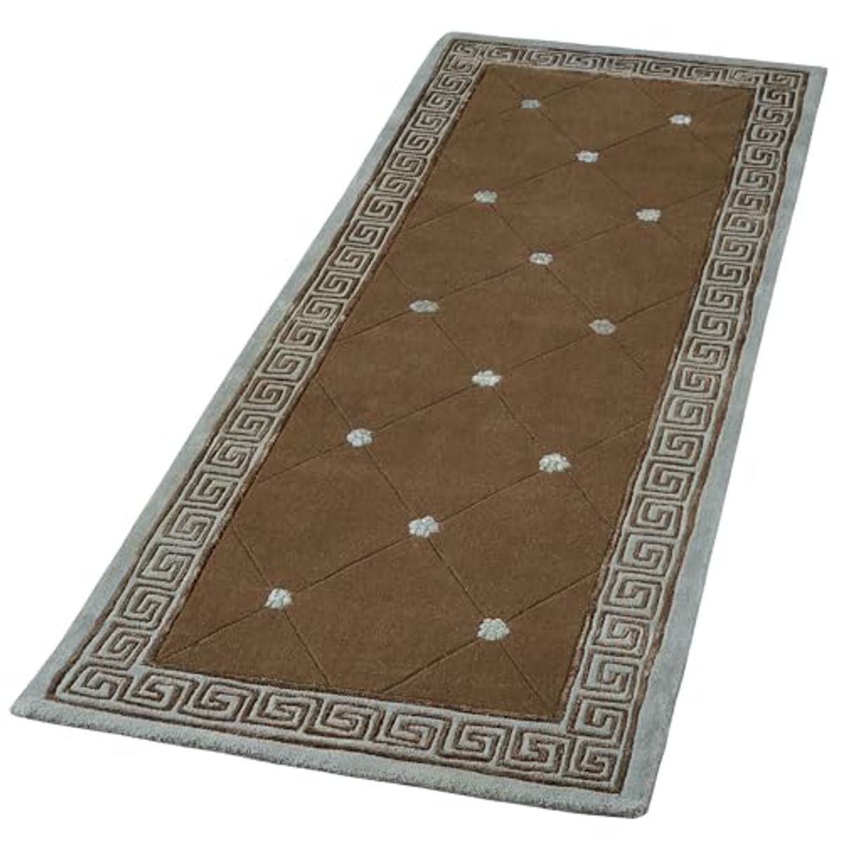 Classical Athens II Greek Key Area Rug | 3 feet x 8 feet | Chocolate Brown and Slate Blue | Hand-Tufted and Handcarved Pure Wool Rectangle Area Rug with a Luster Washed Sheen