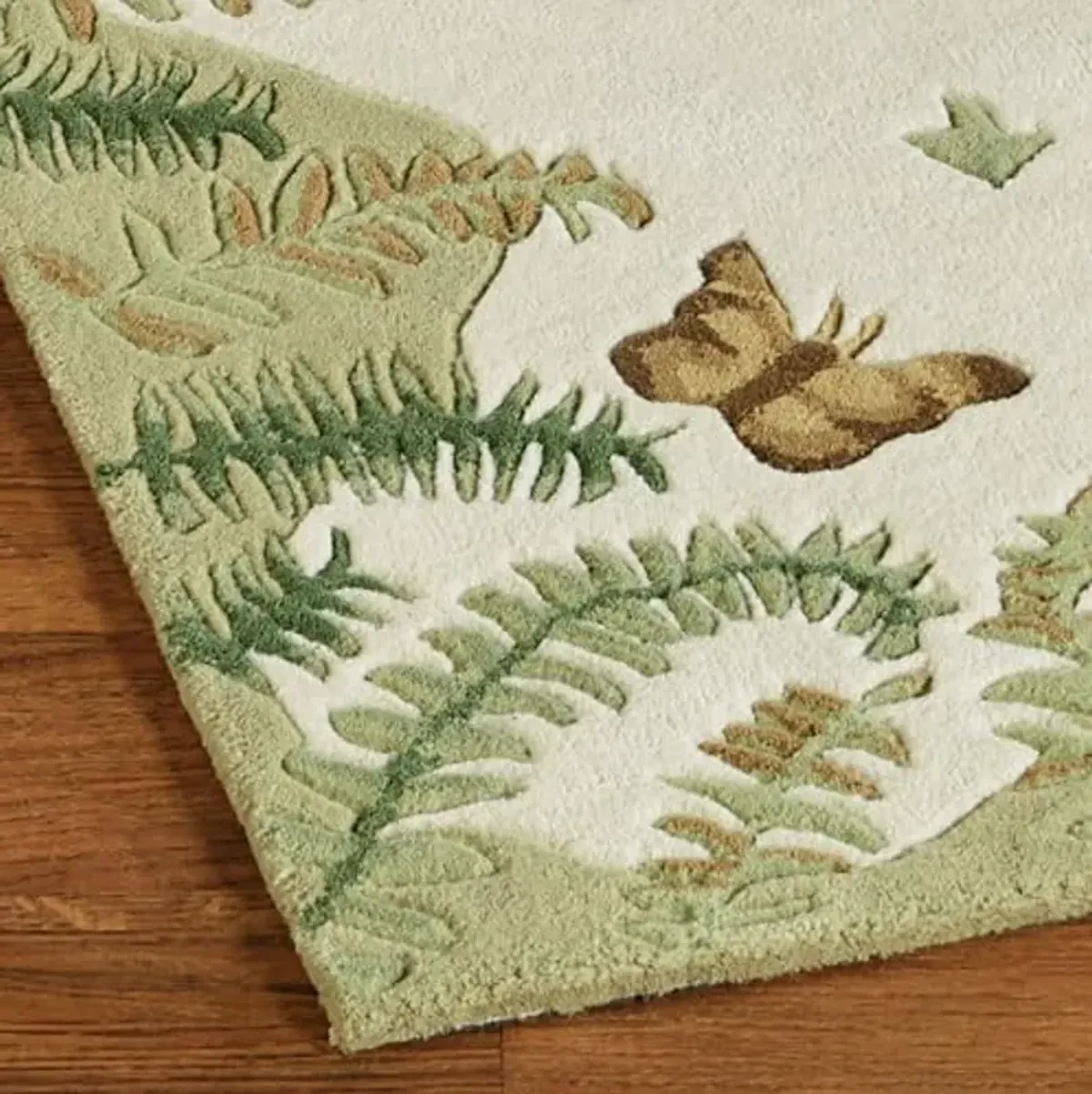 Botanical Butterfly Nature Runner | 2 feet 3 inches x 7 feet 6 inches | Natural Color Palette | Handcrafted, Hand-tufted, and Handcarved Pure Wool Rectangle Rug with Butterflies, Leaves, and Ferns