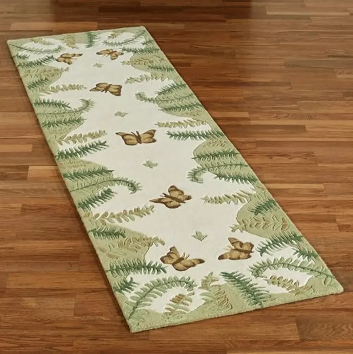 Botanical Butterfly Nature Runner | 2 feet 3 inches x 7 feet 6 inches | Natural Color Palette | Handcrafted, Hand-tufted, and Handcarved Pure Wool Rectangle Rug with Butterflies, Leaves, and Ferns