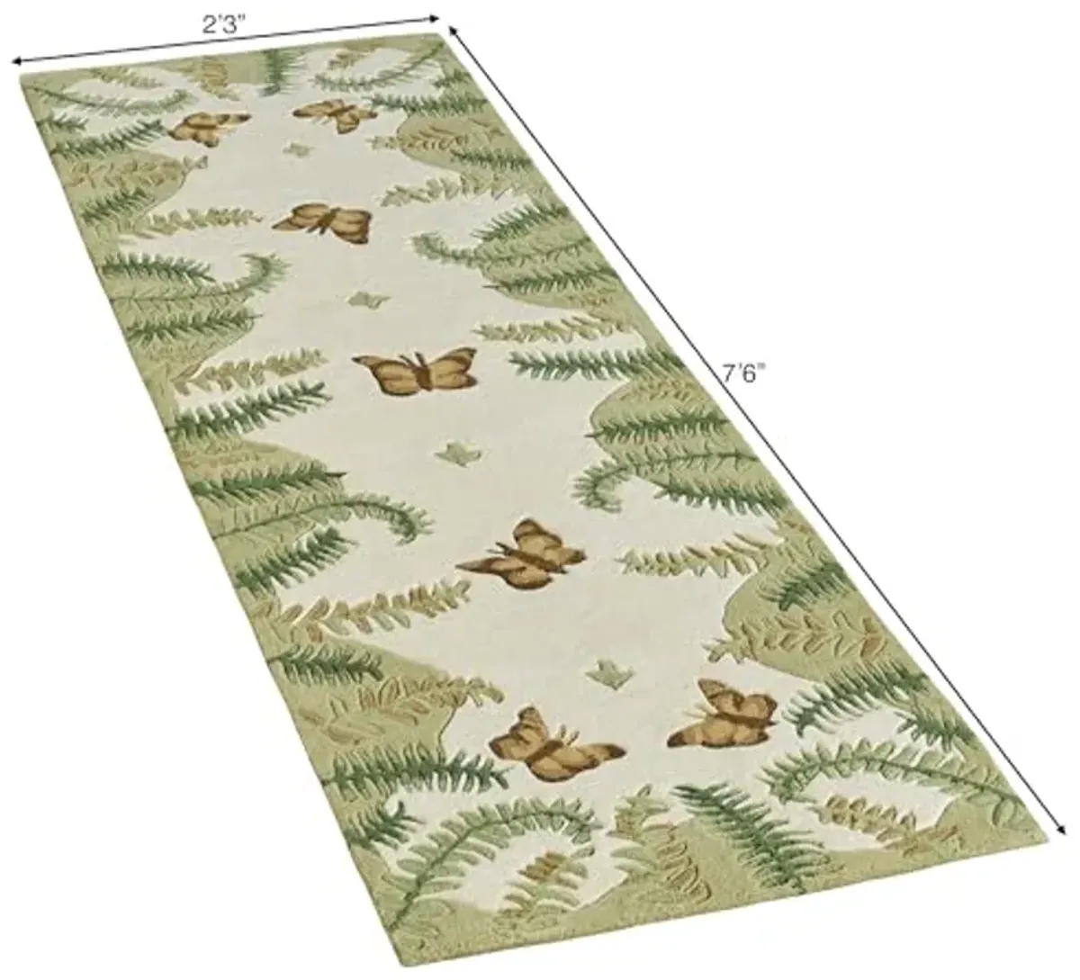 Botanical Butterfly Nature Runner | 2 feet 3 inches x 7 feet 6 inches | Natural Color Palette | Handcrafted, Hand-tufted, and Handcarved Pure Wool Rectangle Rug with Butterflies, Leaves, and Ferns