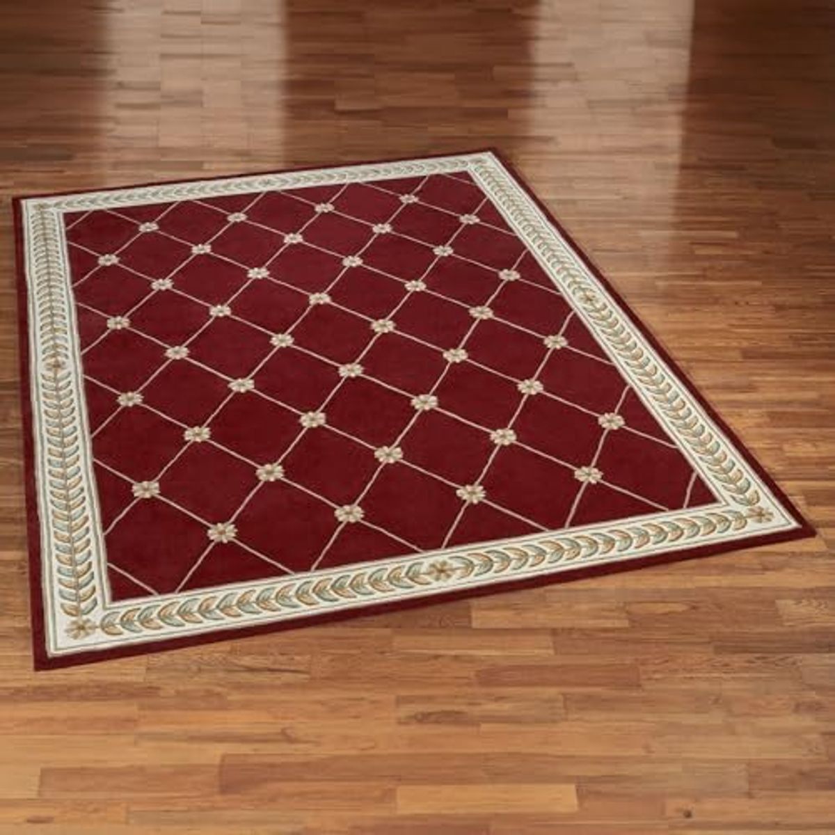 Fleurette Traditional Area Rug | 8 feet x 10 feet 6 inches | Rich Ruby Red | Elegant Hand-tufted & Handcarved Pure Wool Rectangle Area Rug with Classic Diamond Latticework, Florals & Leaves