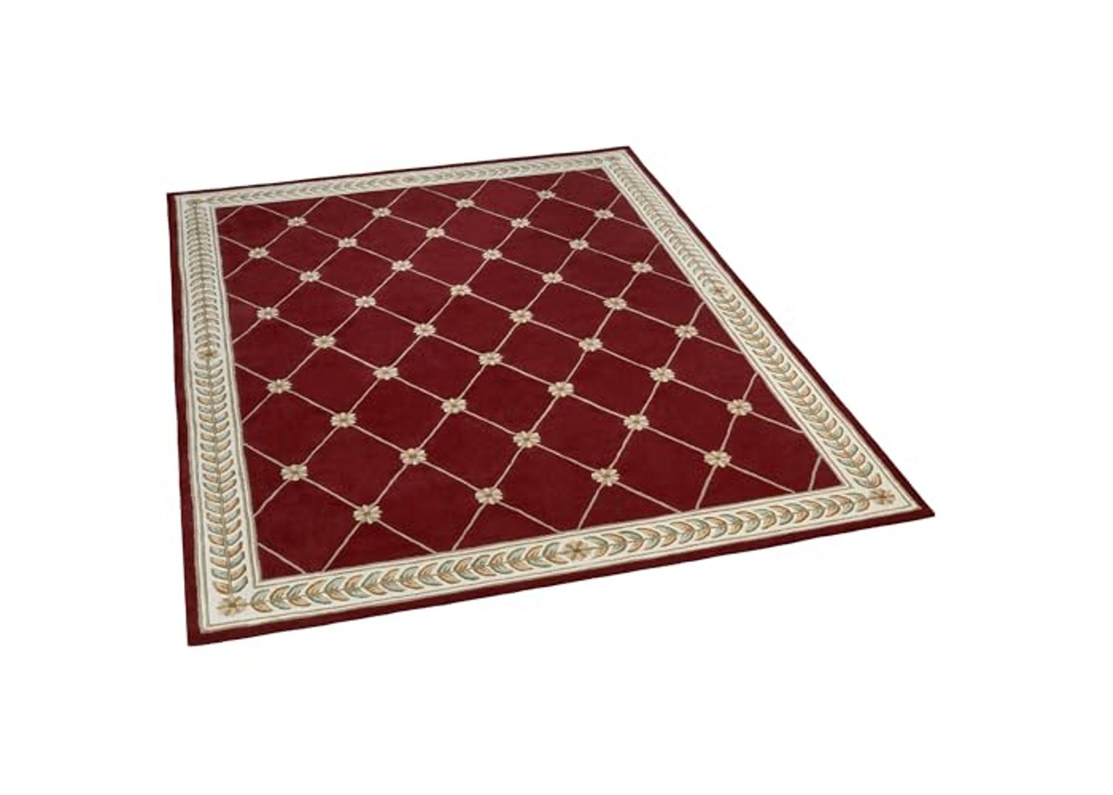 Fleurette Traditional Area Rug | 8 feet x 10 feet 6 inches | Rich Ruby Red | Elegant Hand-tufted & Handcarved Pure Wool Rectangle Area Rug with Classic Diamond Latticework, Florals & Leaves