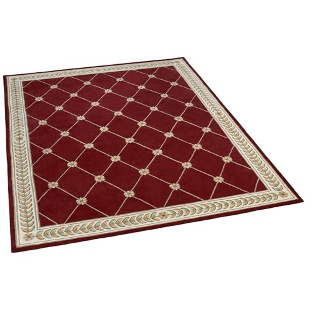 Fleurette Traditional Area Rug | 8 feet x 10 feet 6 inches | Rich Ruby Red | Elegant Hand-tufted & Handcarved Pure Wool Rectangle Area Rug with Classic Diamond Latticework, Florals & Leaves